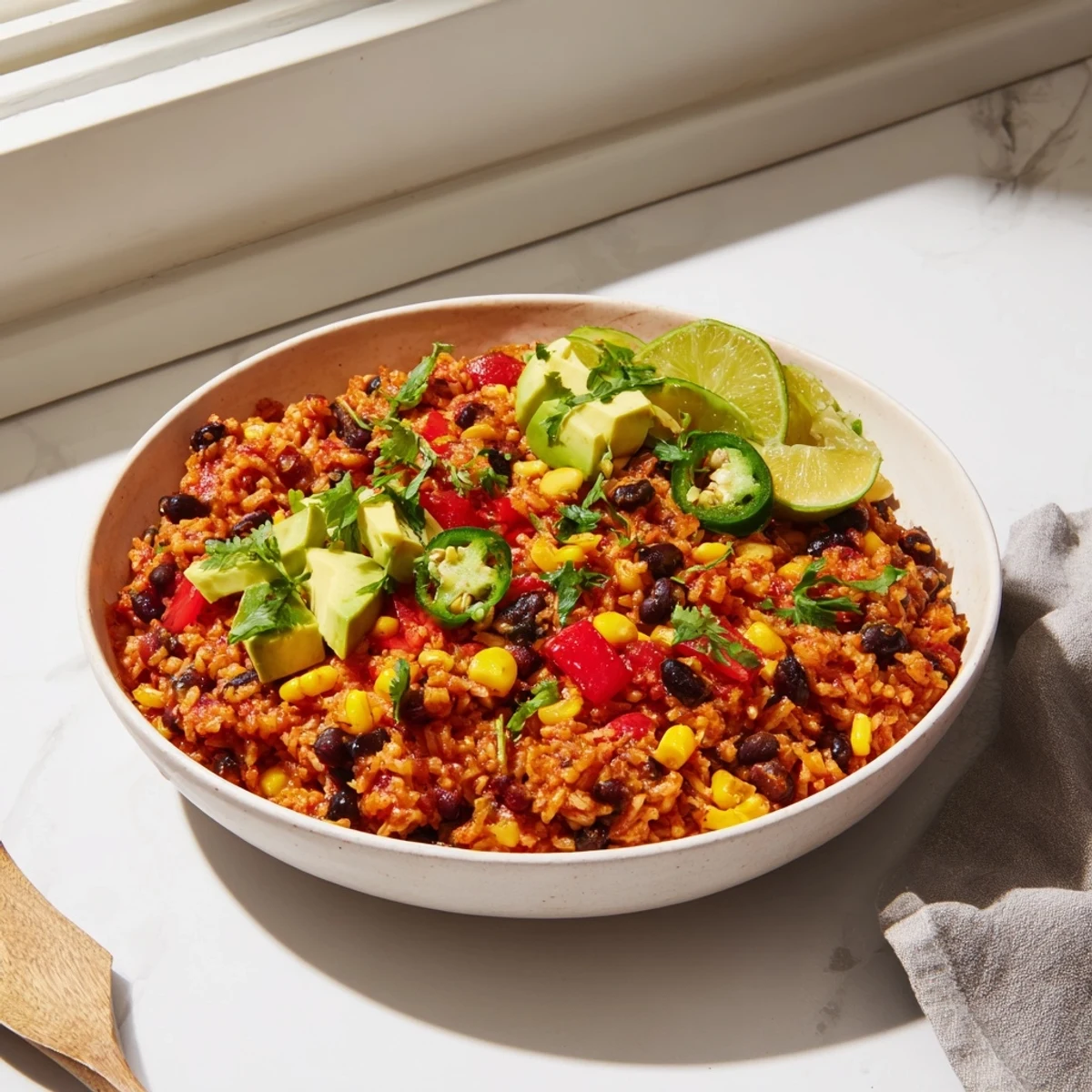 Tender One-Pot Mexican Rice & Beans, topped with fresh cilantro, offering a delicious, comforting vegetarian meal.