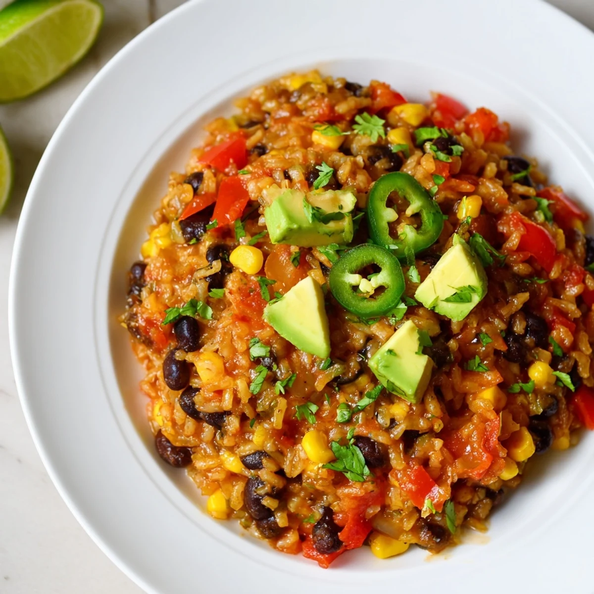 Flavorful One-Pot Mexican Rice & Beans with visible black beans and colorful bell peppers, cooked to perfection.