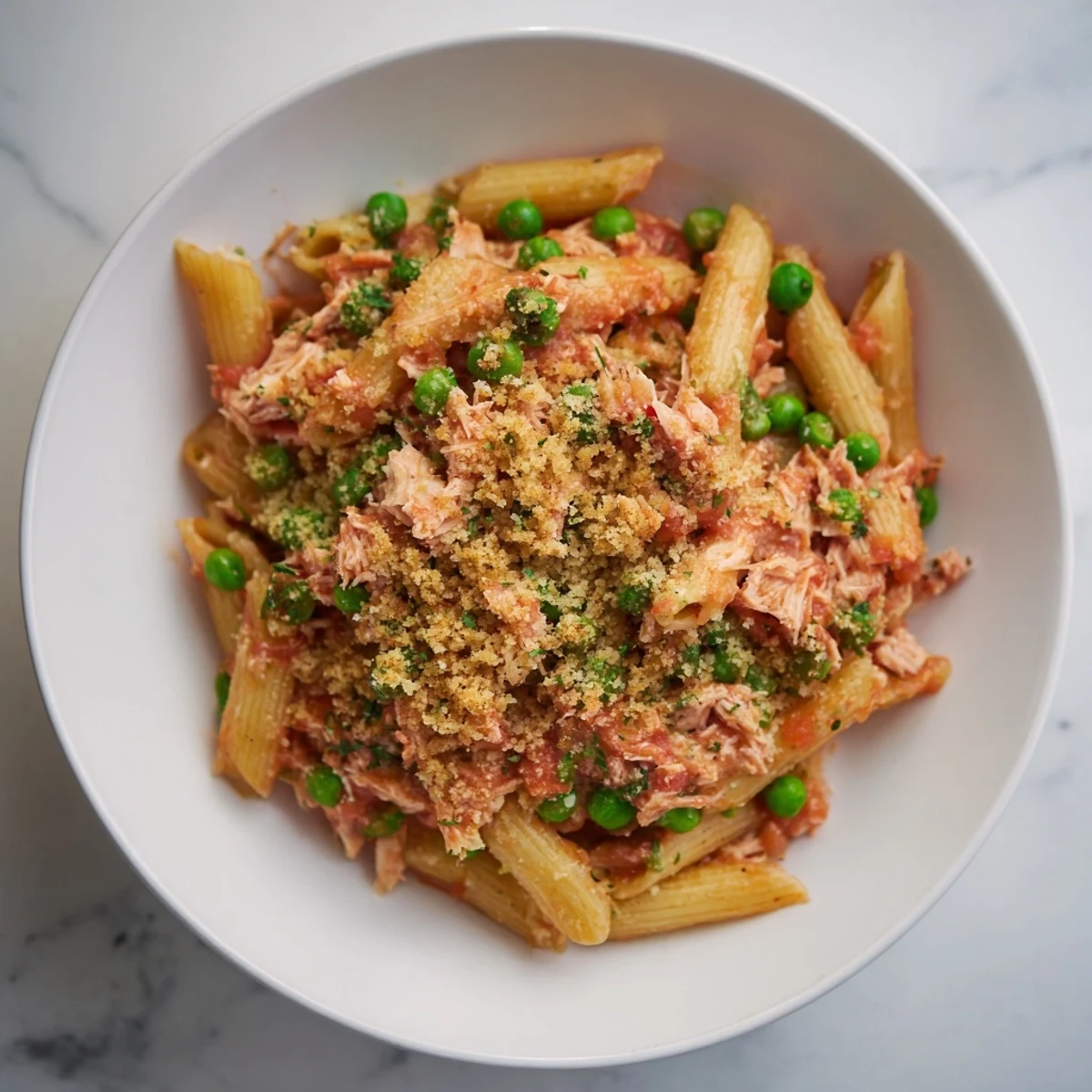 A close-up of a creamy and cheesy Tuna Pasta Bake, filled with tuna and tender pasta.