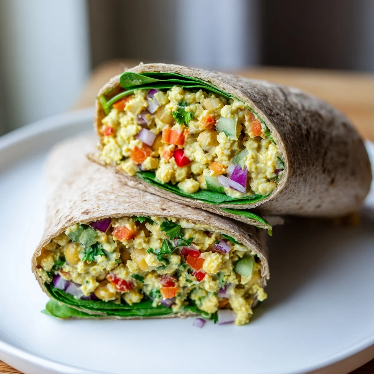 Enjoy a delicious bite of a flavorful chickpea salad wrap, a satisfying vegan meal.