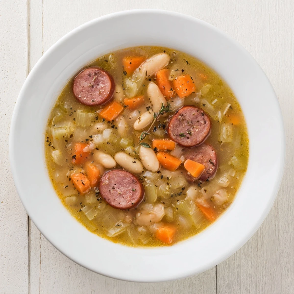 Simple sausage and white bean soup bubbling in a pot, a comforting American classic with vibrant vegetables.