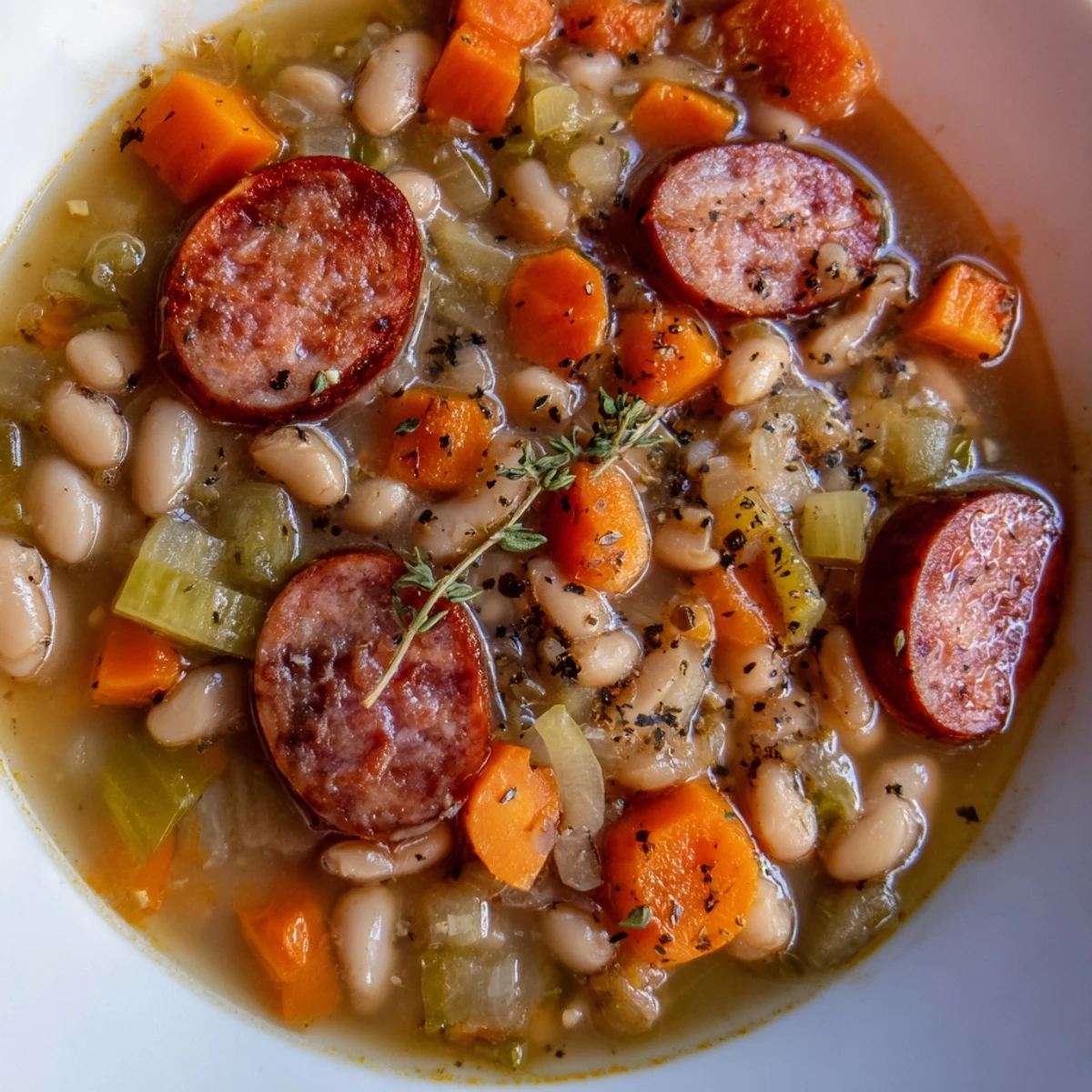 A steaming bowl of simple sausage and white bean soup, garnished and ready for a delicious, quick dinner.