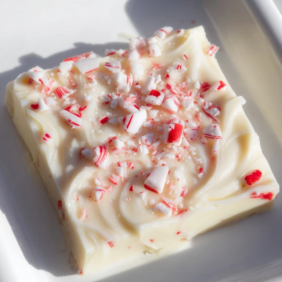 Close-up of creamy White Chocolate Peppermint Bark Fudge, showing a swirl of peppermint and sweet candy.