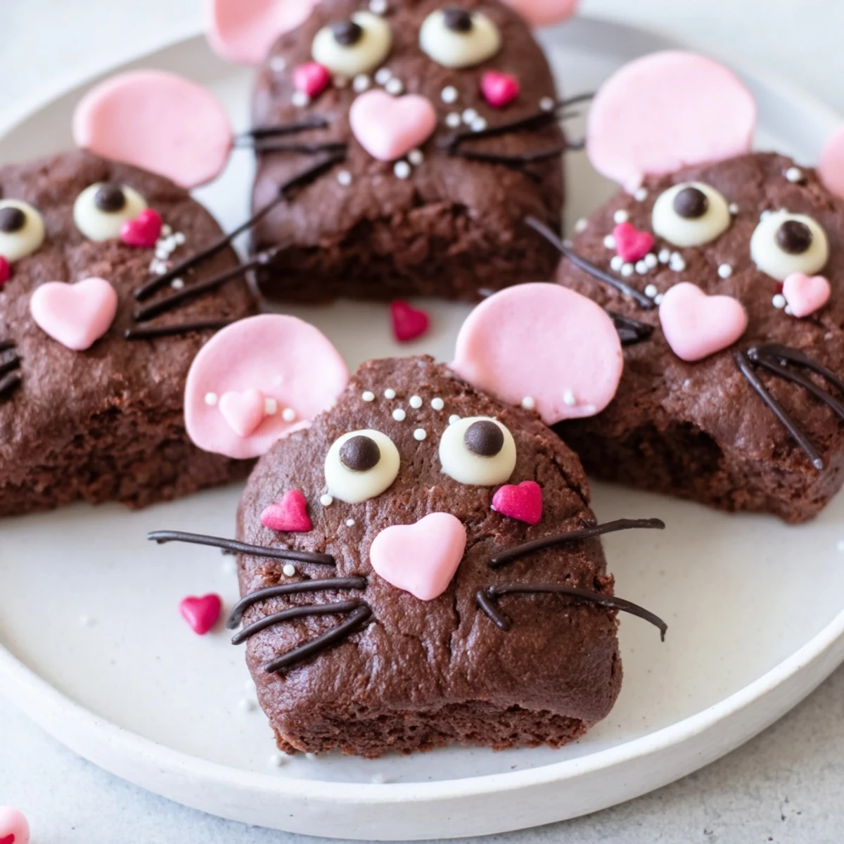 These whimsical Silly Rat Cake Brownie Bites appear gooey, chocolatey wonders, adorned with tiny rat faces.