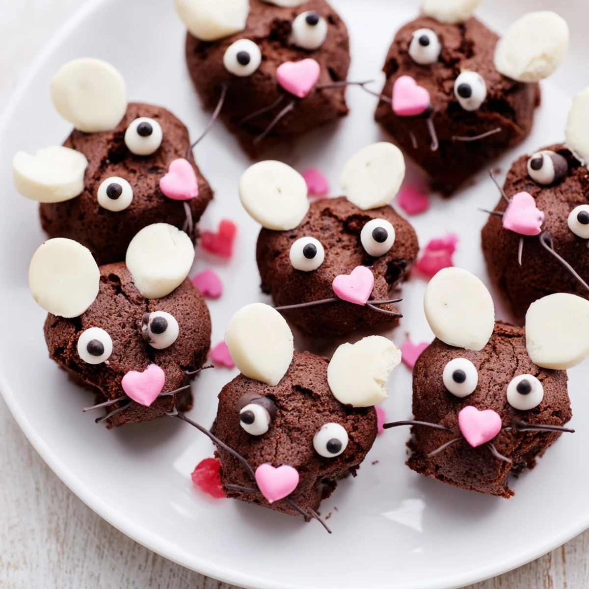 Close-up of freshly baked Silly Rat Cake Brownie Bites, showing chocolate chips and fun rodent-like details.