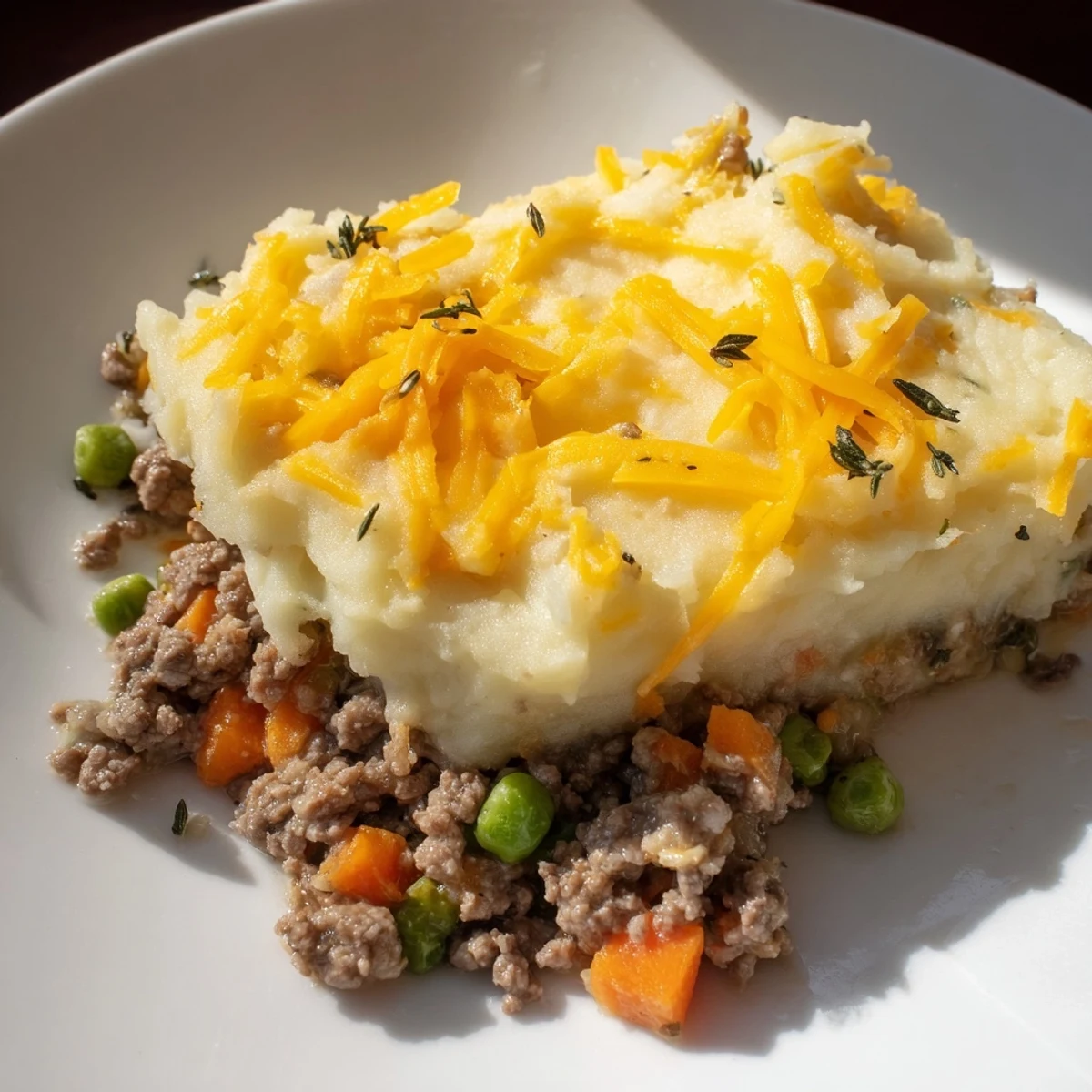 Golden-brown Budget Shepherd's Pie features a cheesy mashed potato topping over savory ground beef.