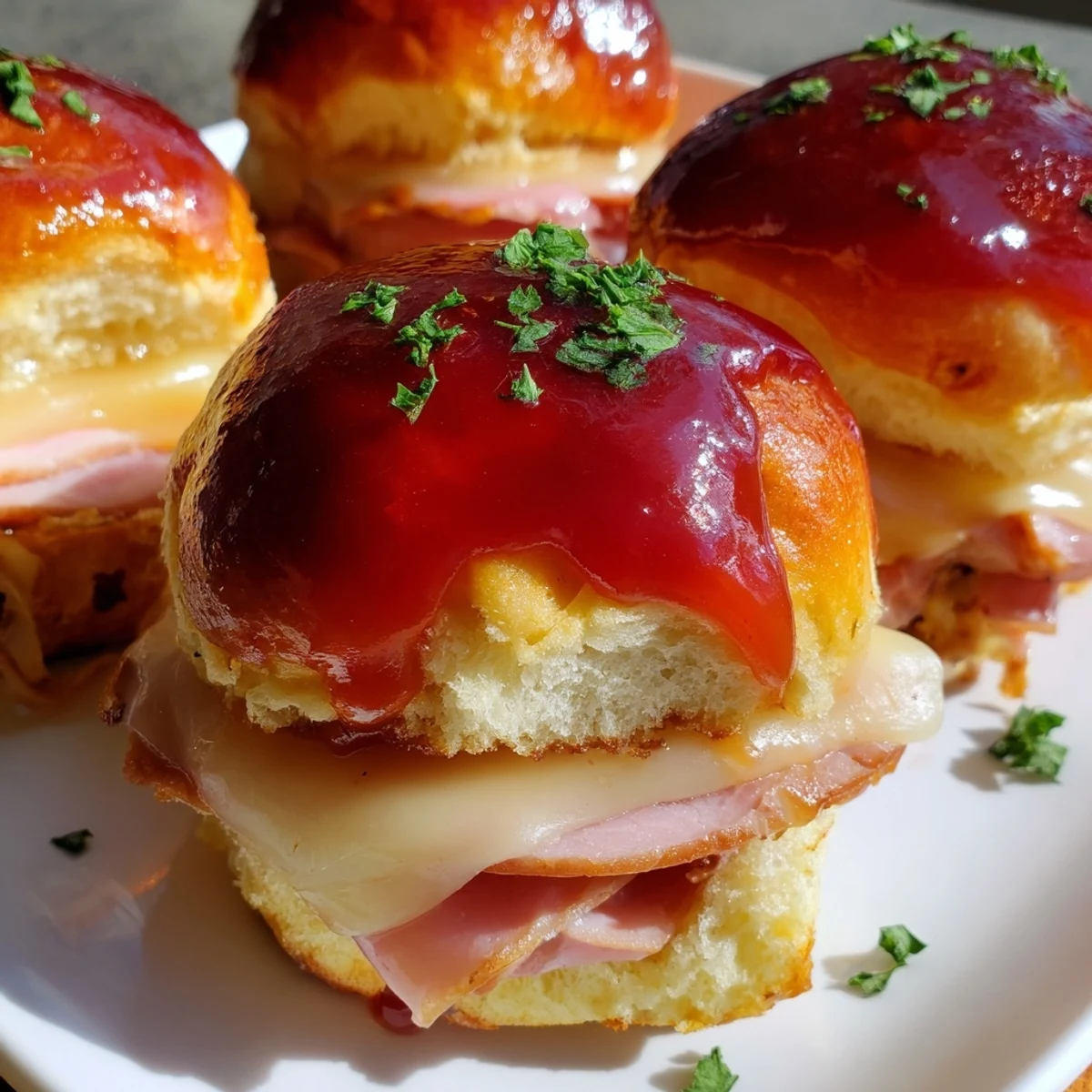Cherry-Glazed Ham and Cheese Slider Mashup, golden and bubbly, perfect for a game day appetizer.