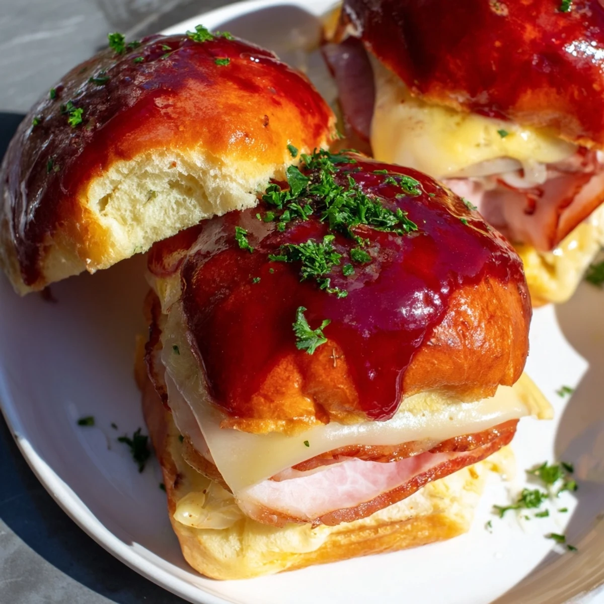 Melted Swiss oozes over the Cherry-Glazed Ham and Cheese Slider Mashup, a sweet and savory sensation.