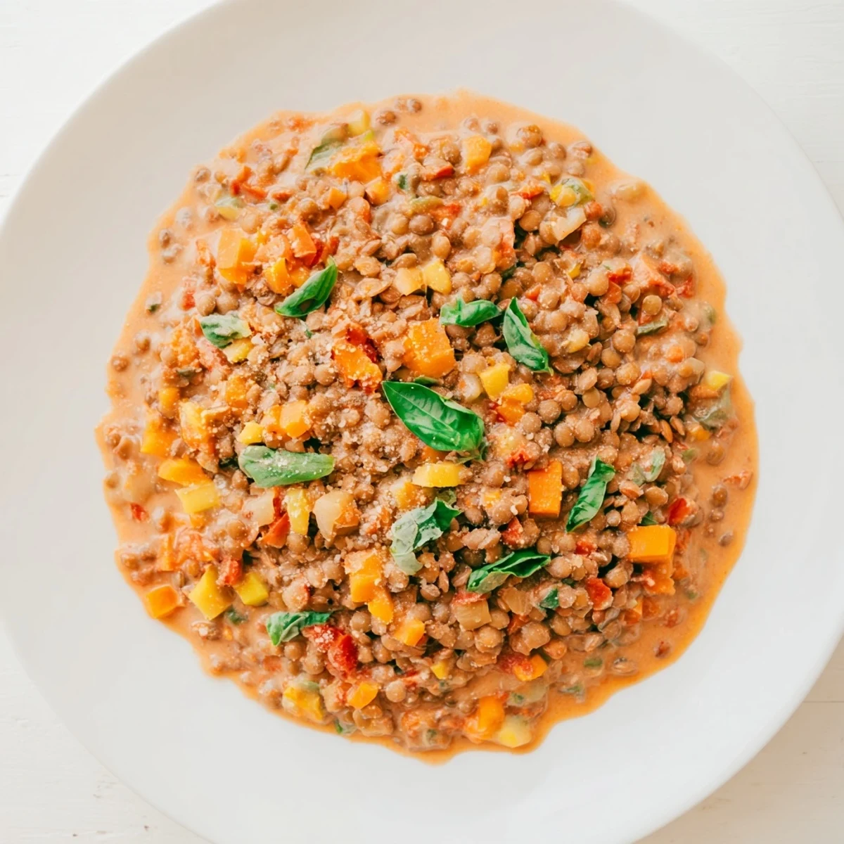 Steaming Creamy Tomato Basil Lentil Bolognese, a comforting vegan pasta sauce swirled with rich cream.