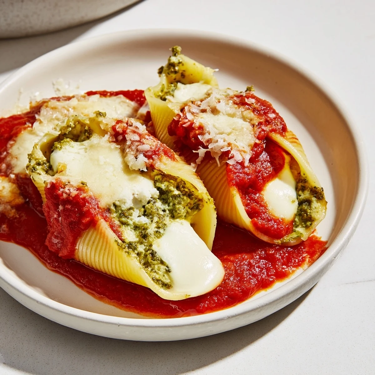 Steaming Pesto and Ricotta Stuffed Shells, a comforting Italian meal with baked golden cheese.