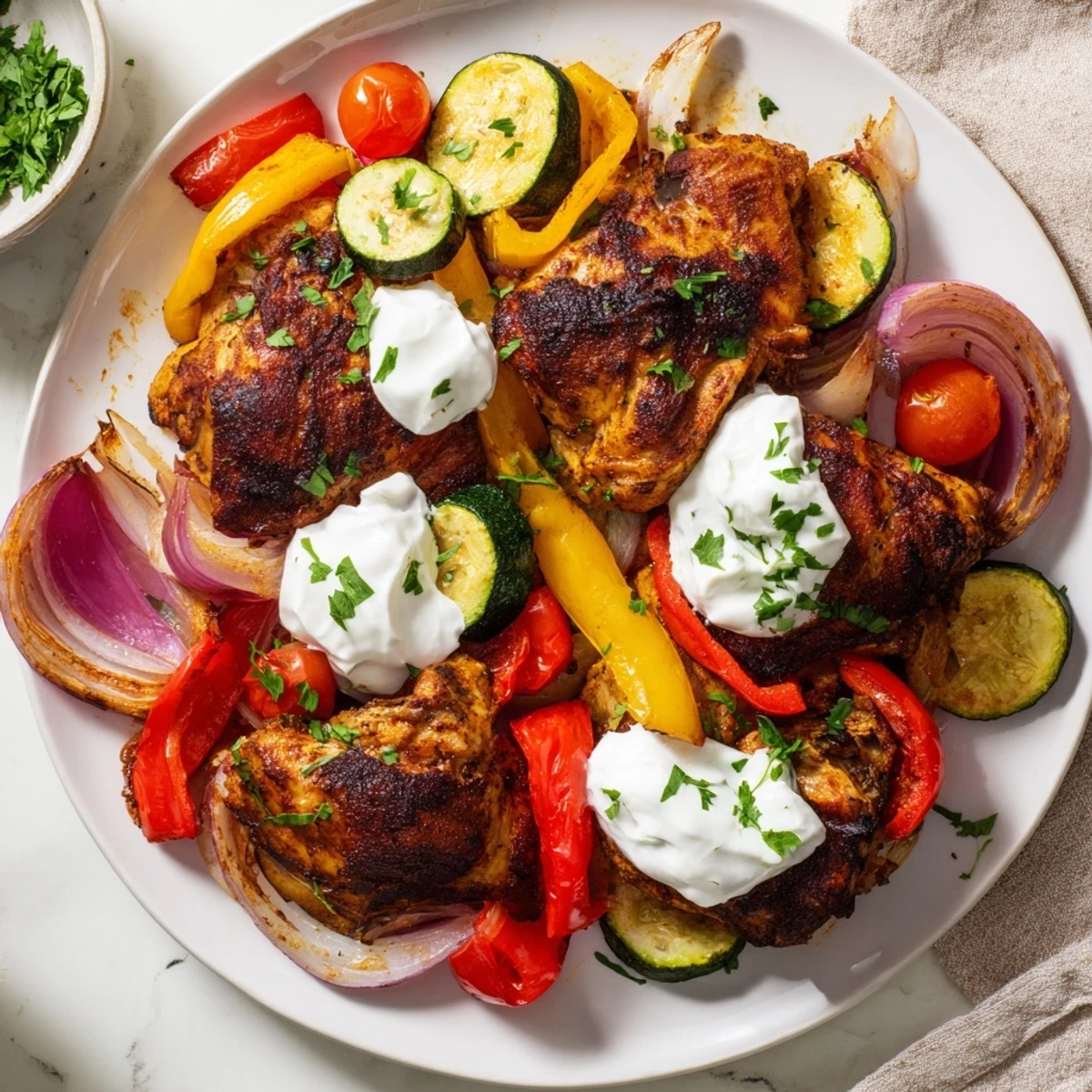 Flavorful Sheet Pan Chicken Shawarma, showcasing juicy chicken and colorful, tender roasted bell peppers.