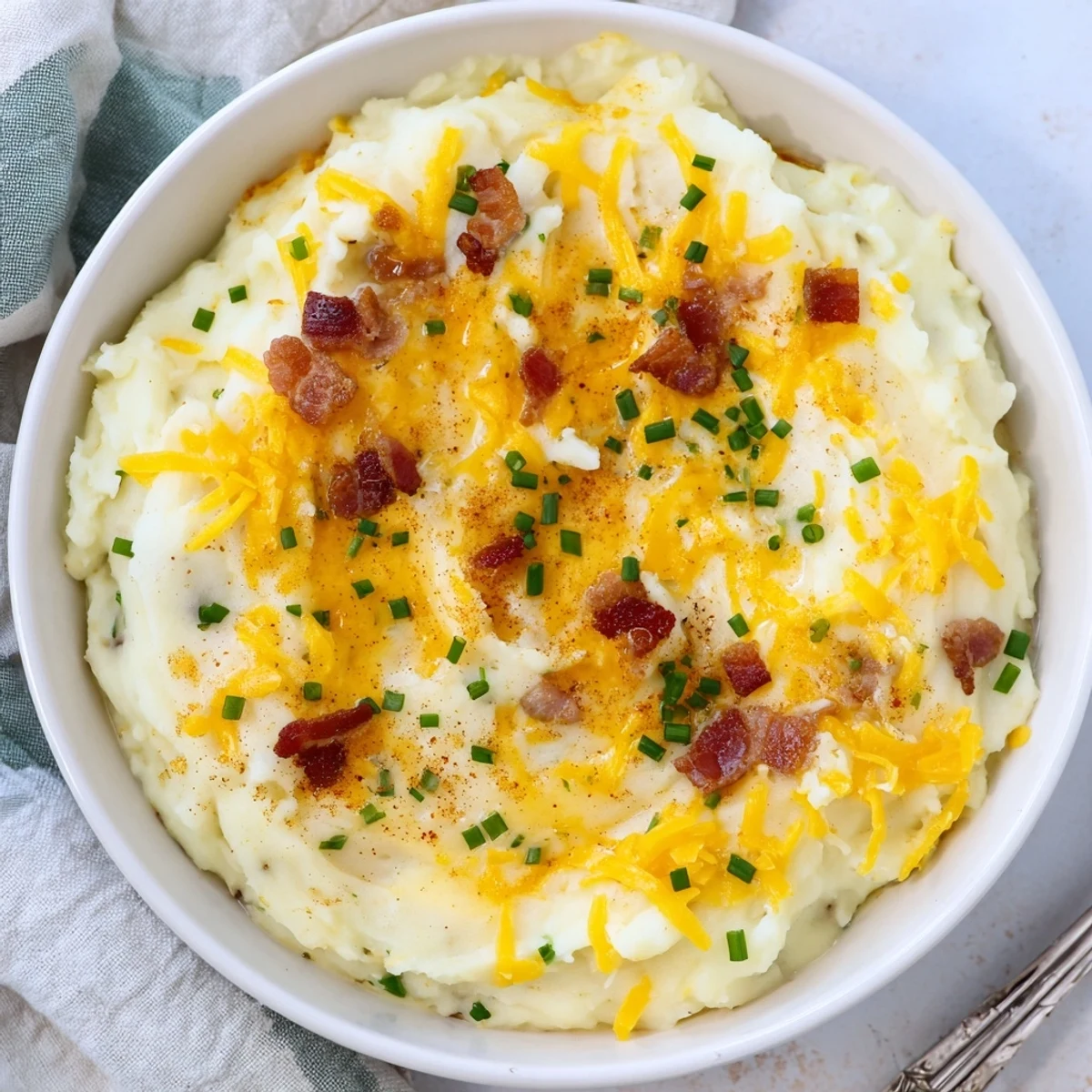 A steaming bowl of The Ultimate Baked Potato Soup, thick and creamy with visible toppings.