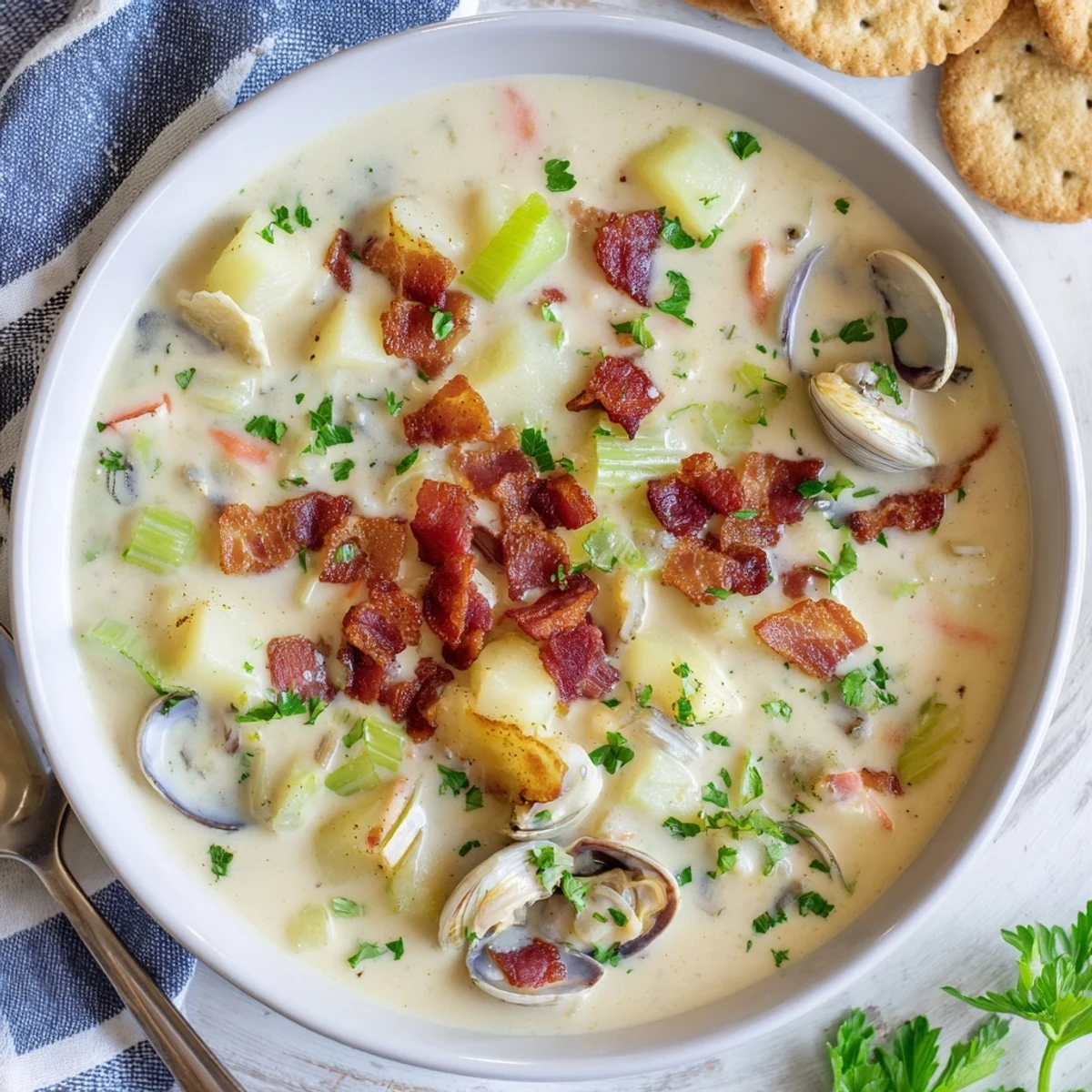 Steaming bowl of New England Clam Chowder with bacon and parsley, ready to be served.