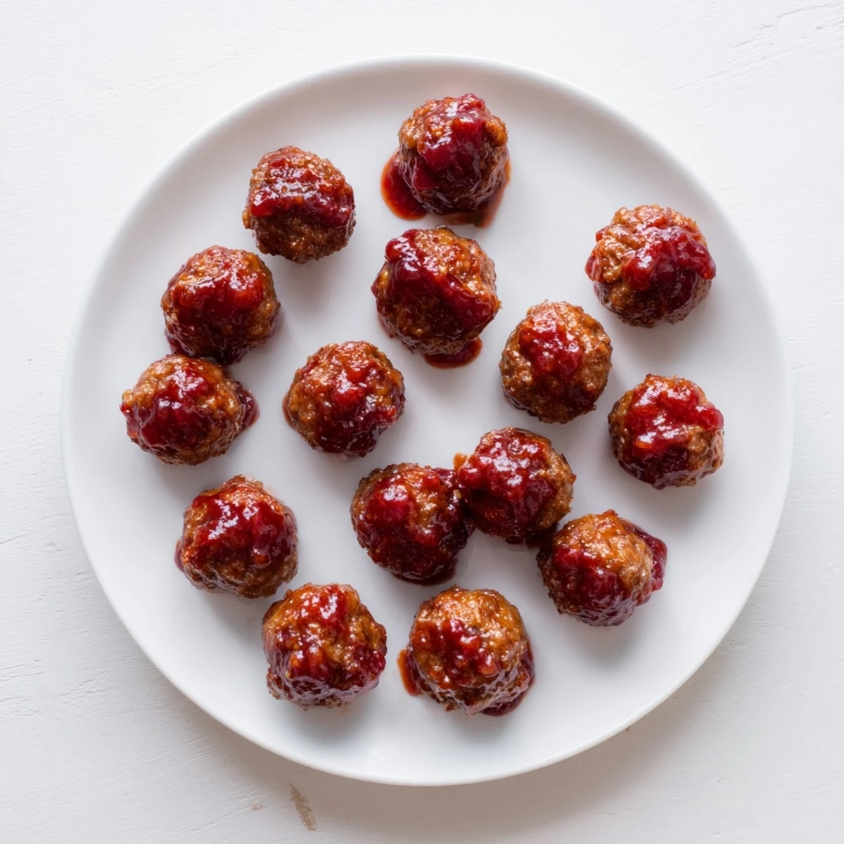 Perfectly glazed Cherry Meatballs, glistening red, ready to be served as a delicious appetizer.
