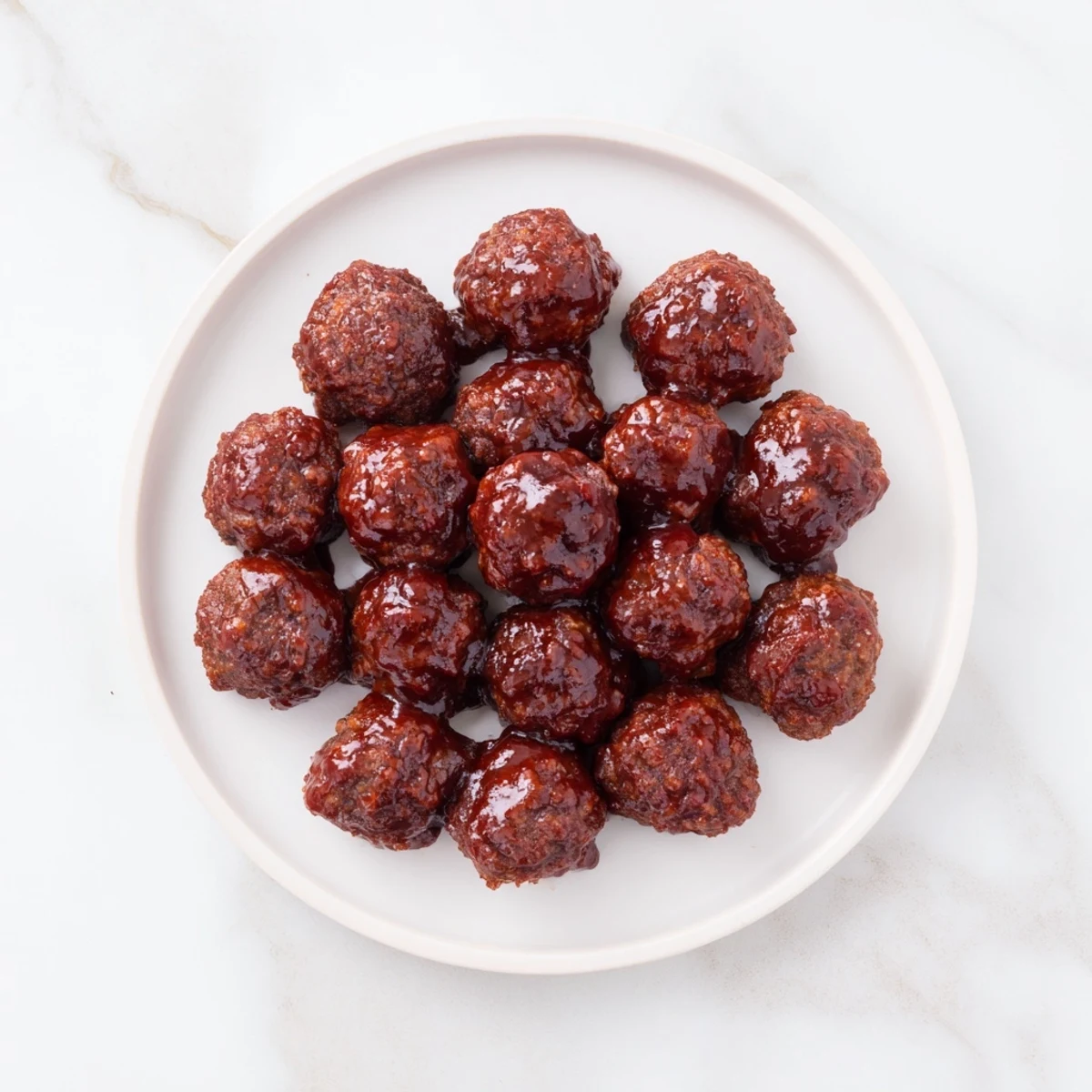 A close-up of savory Cherry Meatballs plated with cocktail picks; a perfect treat.