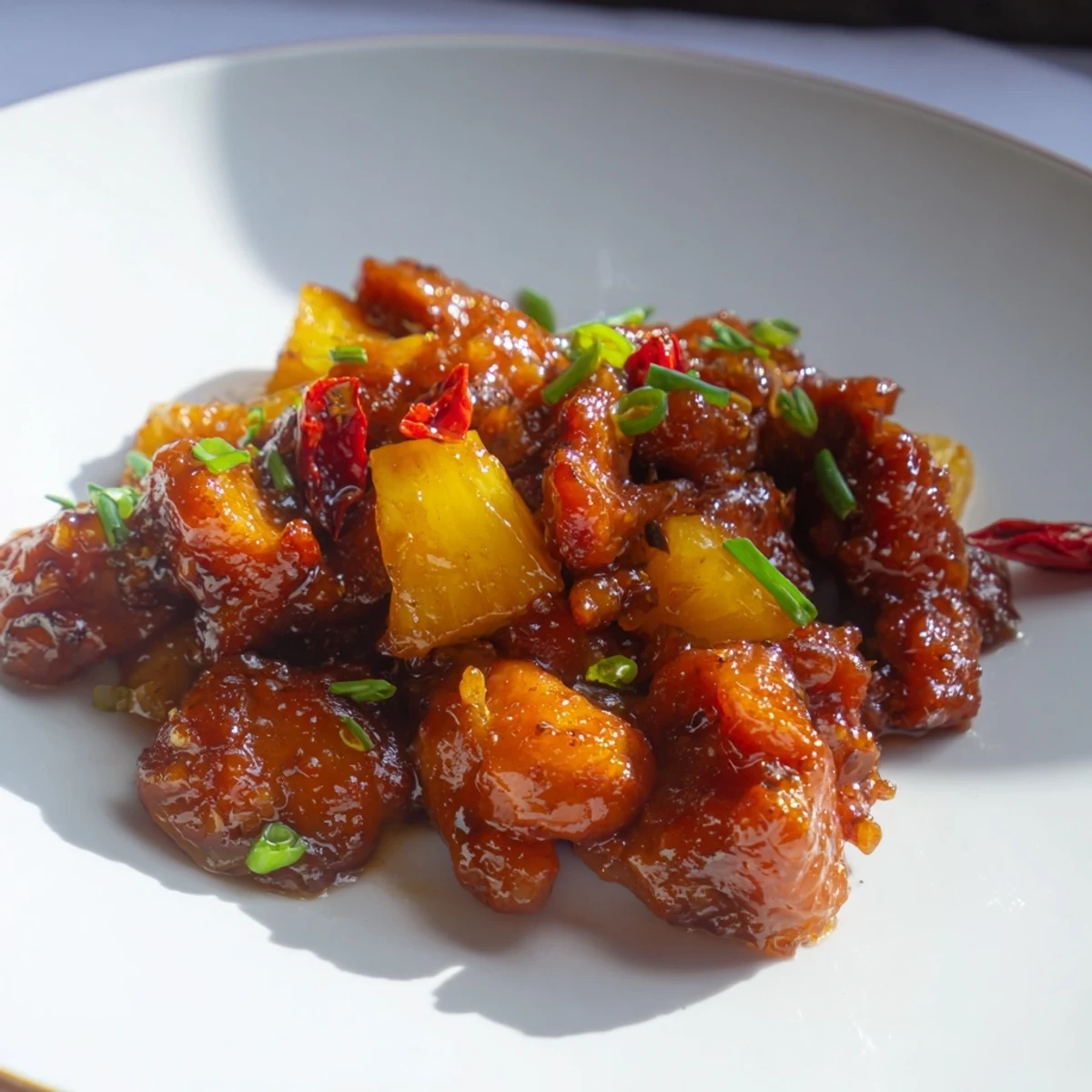 Close-up of baked brown sugar pineapple chicken—fragrant, juicy chicken in a delicious, caramelized sauce.