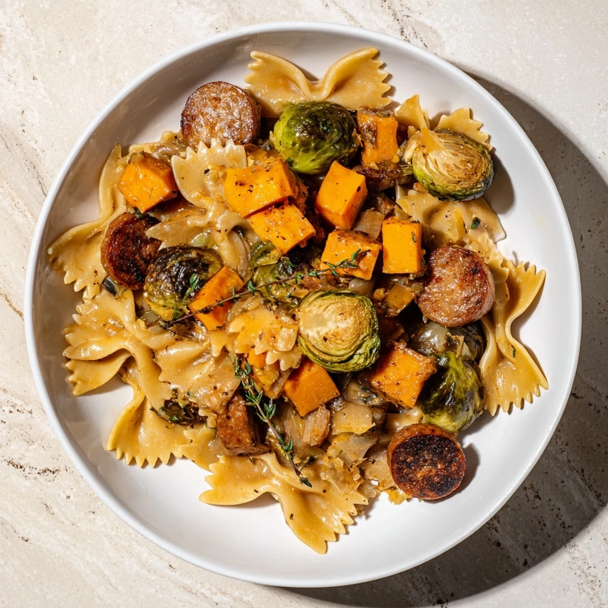 Golden, roasted Autumn Sausage Pasta Squash with caramelized squash and crispy Brussels sprouts.