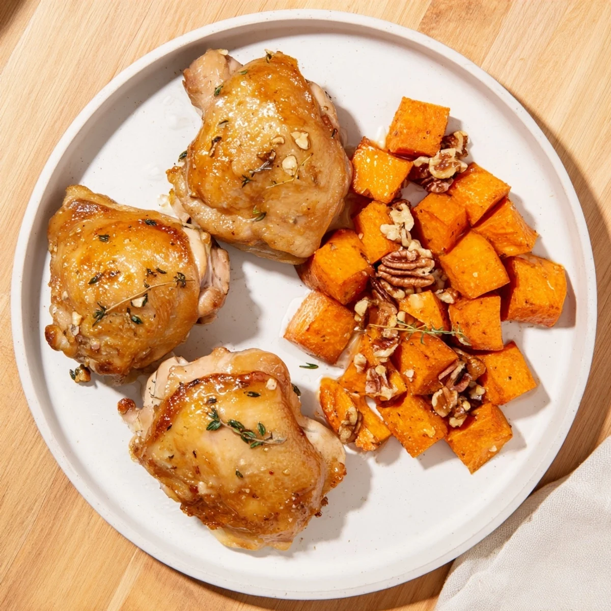 Golden maple glazed chicken thighs and sweet potatoes, a comforting one-pan meal, ready to serve.