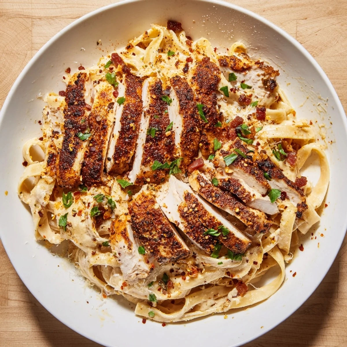 Golden-brown chicken tops the decadent Southern Style Creamy Parmesan Chicken Pasta, a comforting dish.