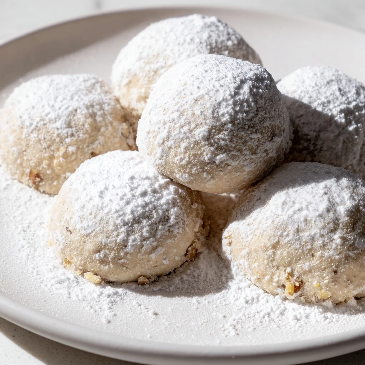 Warm, golden Budget-Friendly Snowball Cookies, freshly baked and dusted in a snowy powdered sugar coating.
