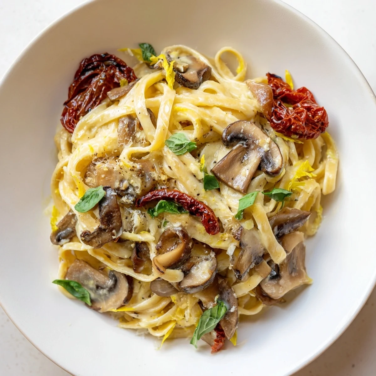 A vibrant top-down shot of Vegan Marry Me Mushroom Pasta, ready for a delicious vegan dinner.
