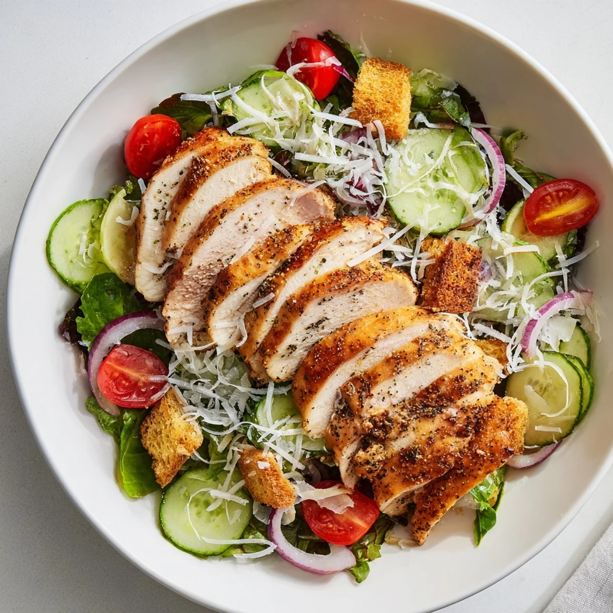 Freshly tossed Quick Crunchy Lemon Parmesan Chicken Salad: imagine vibrant colors and savory, enticing flavors.