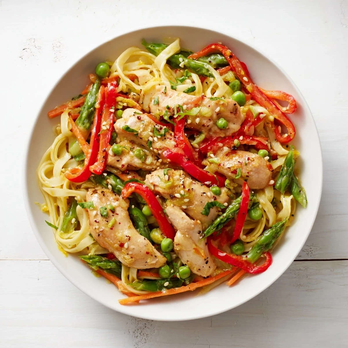 Steaming Lemon-Garlic Chicken Stir Fry with Noodles, a flavorful dish with colorful vegetables and savory sauce.