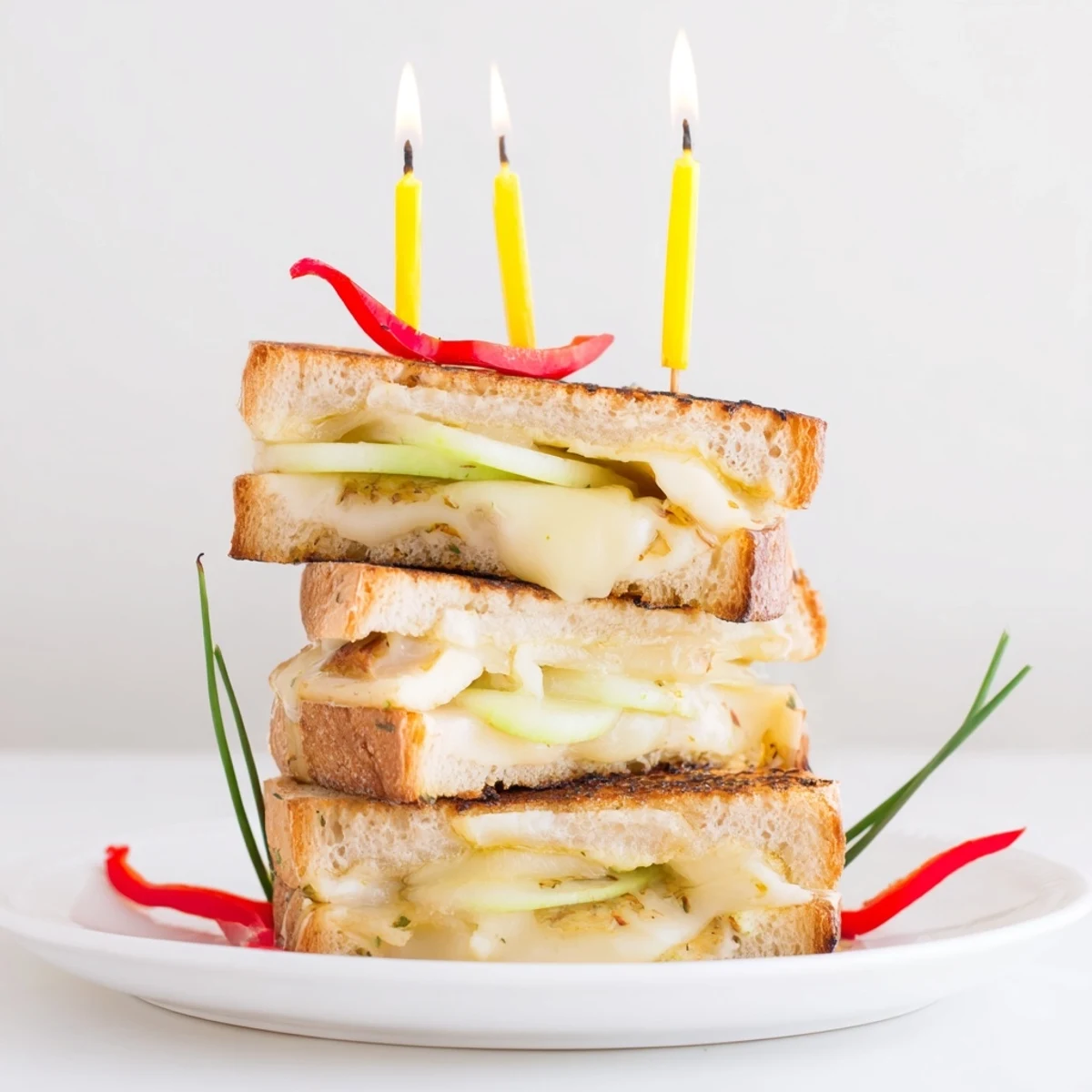 Golden-brown Brie, Apple & Honey Christmas Candle Grilled Cheese, oozing melted cheese and tempting flavors.