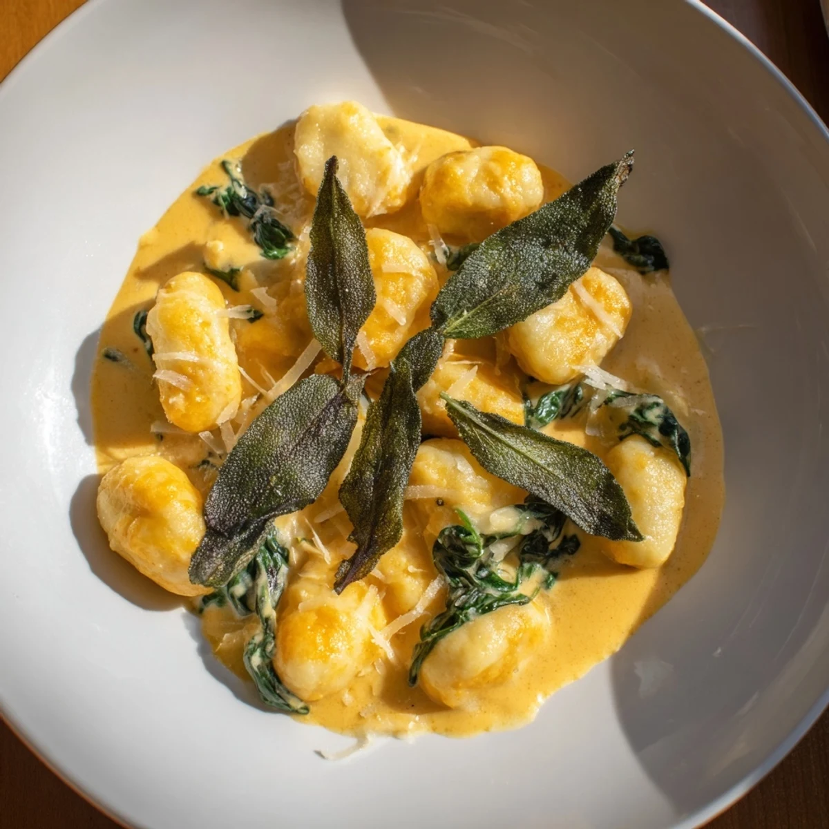 A steaming bowl of comforting One-Pot Creamy Pumpkin Sage Gnocchi Pasta, topped with fresh sage leaves.