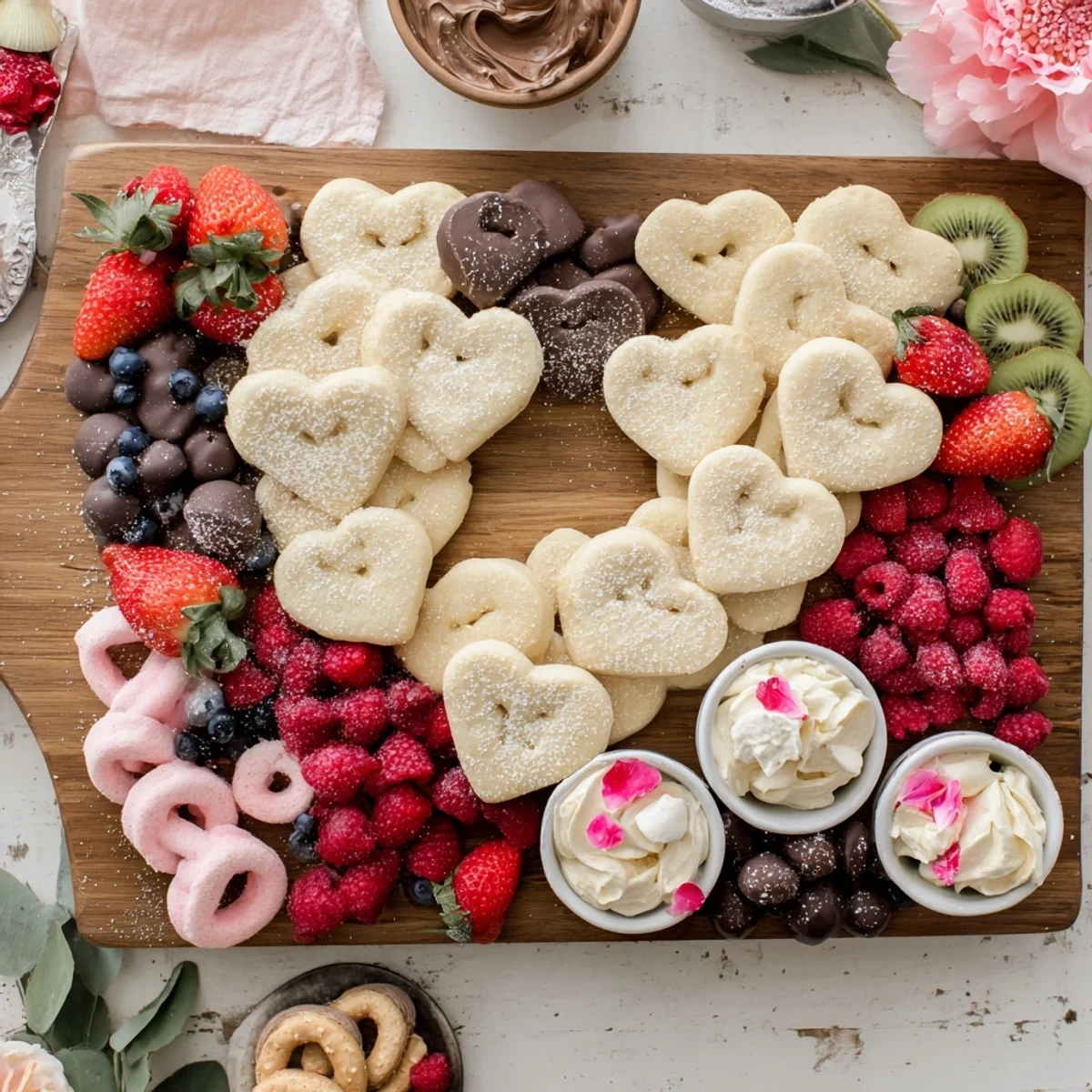 This delicious Love Letter Dessert Board features heart-shaped cookies surrounded by colorful sweets.