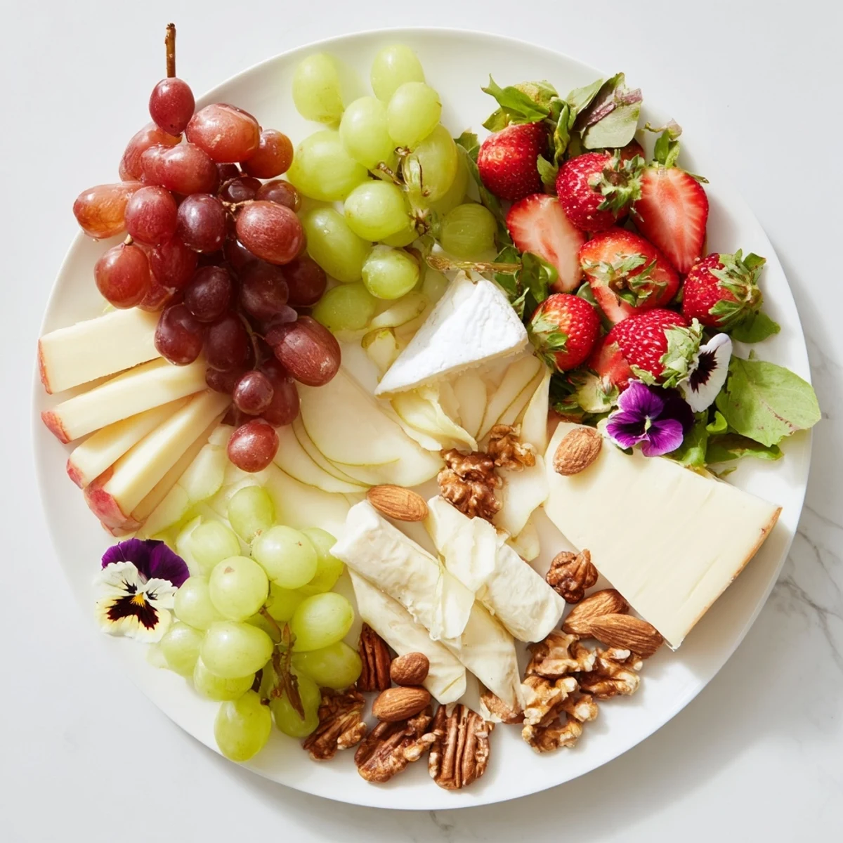 A beautifully arranged Enchanted Forest Grazing Board with grapes, cheeses, and nuts in a visual feast.