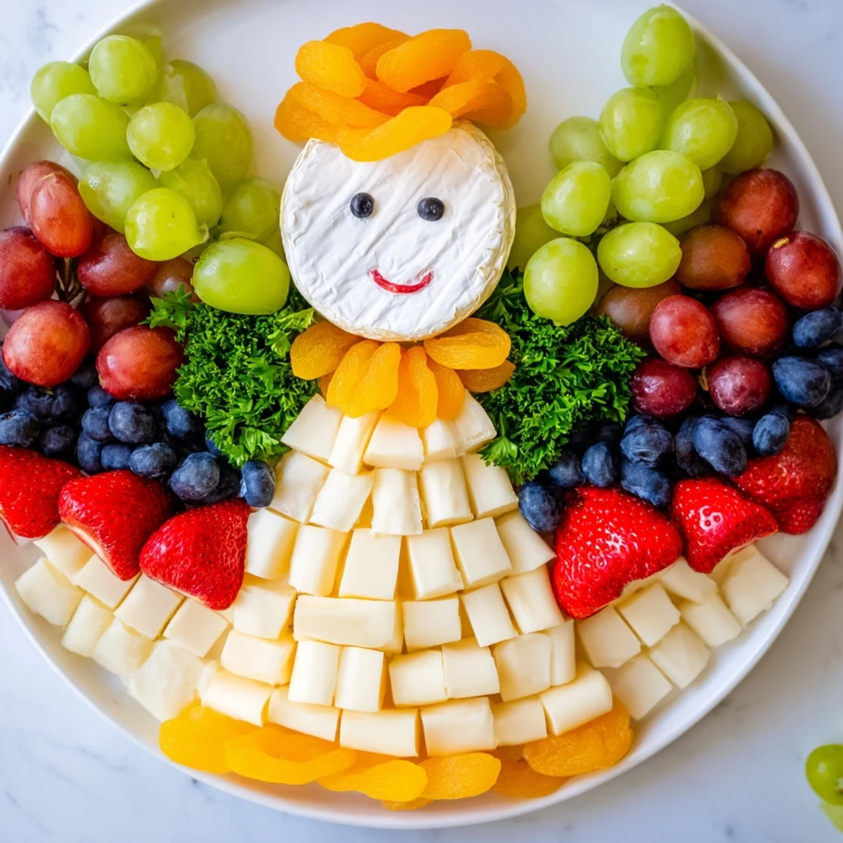A charming Cherub Angel Snack Tray, filled with vibrant fruits and cheeses, perfect for a baby shower.