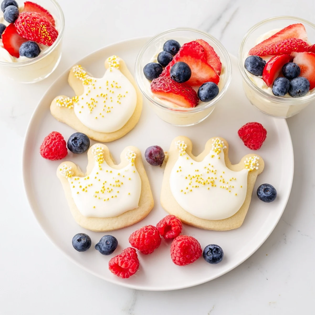 Golden crown sugar cookies and berry jewels create this stunning Princess Crown Dessert Tray.