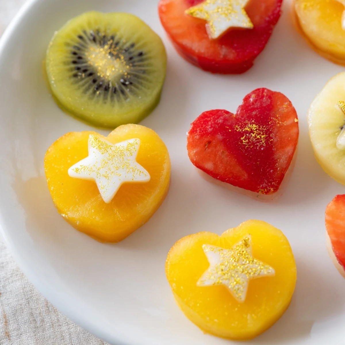 Vibrant Midnight Kiss Star & Heart Cocktail Garnishes ready to embellish champagne flutes for a New Year's Eve toast.