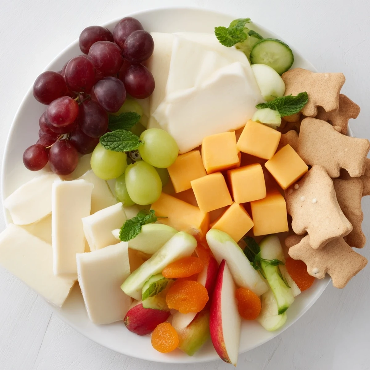 A vibrant Gentle Giant Elephant Cracker Board featuring cheddar, grapes, and a creamy brie cheese selection.