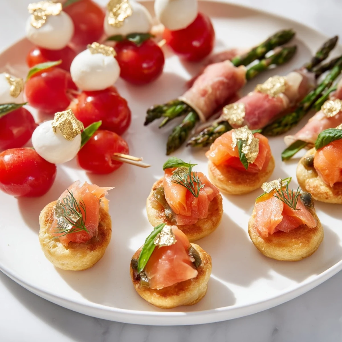 A beautifully arranged Magical Moments Happy New Year 2026 Platter showcasing mini caprese skewers and sparkling champagne jelly.