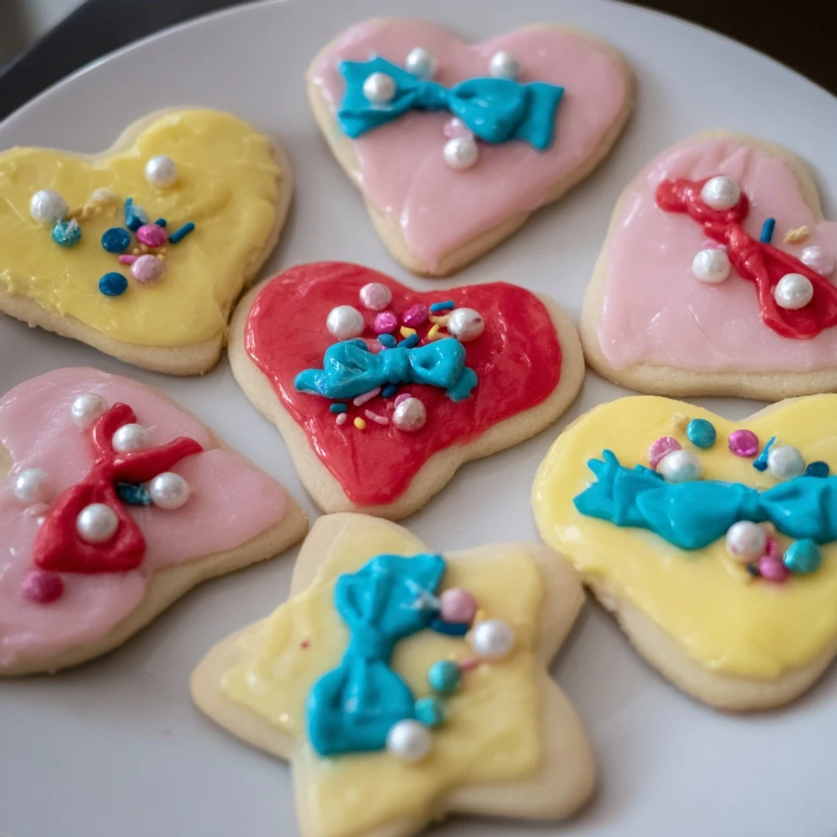 Pretty Bows Heart & Star Cookies look delicious, frosted with vibrant colors and adorned bows, ready to serve.