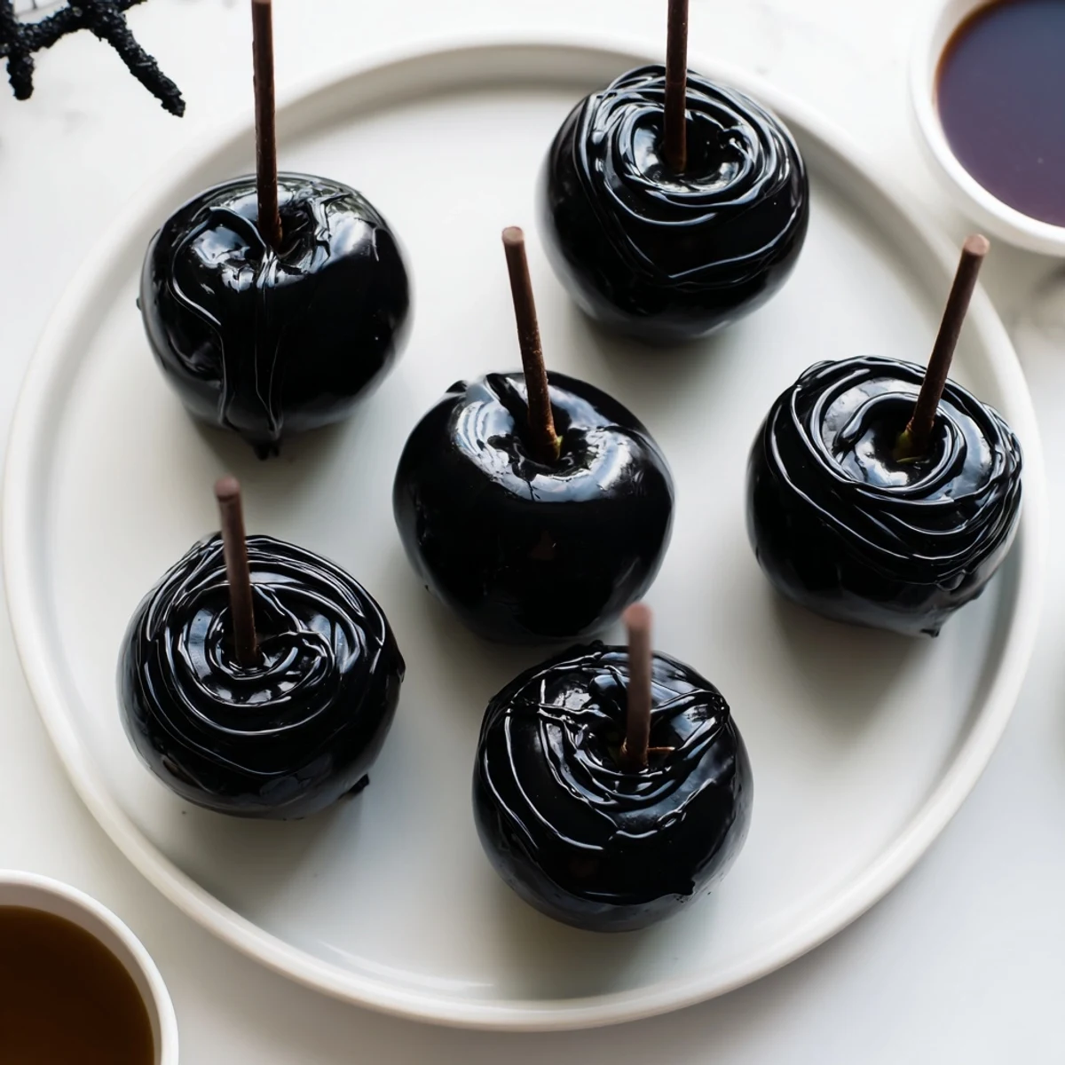 Imagine a vibrant photo of a Halloween Poison Apple treat board, full of festive fruits and candy goodness to enjoy.
