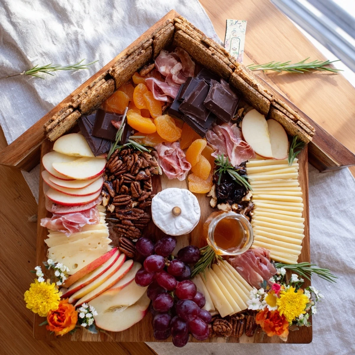 This Sweet Home Charcuterie Board features a cozy spread of cheeses, crackers, and sweet treats perfect for sharing.
