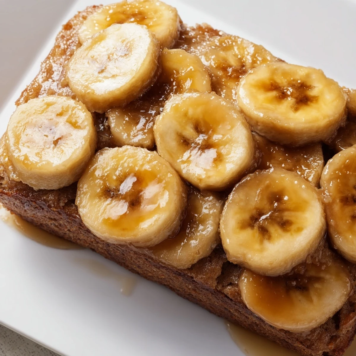 Caramelized banana slices topping a moist and delicious Banana Bread Cake, perfect for dessert.