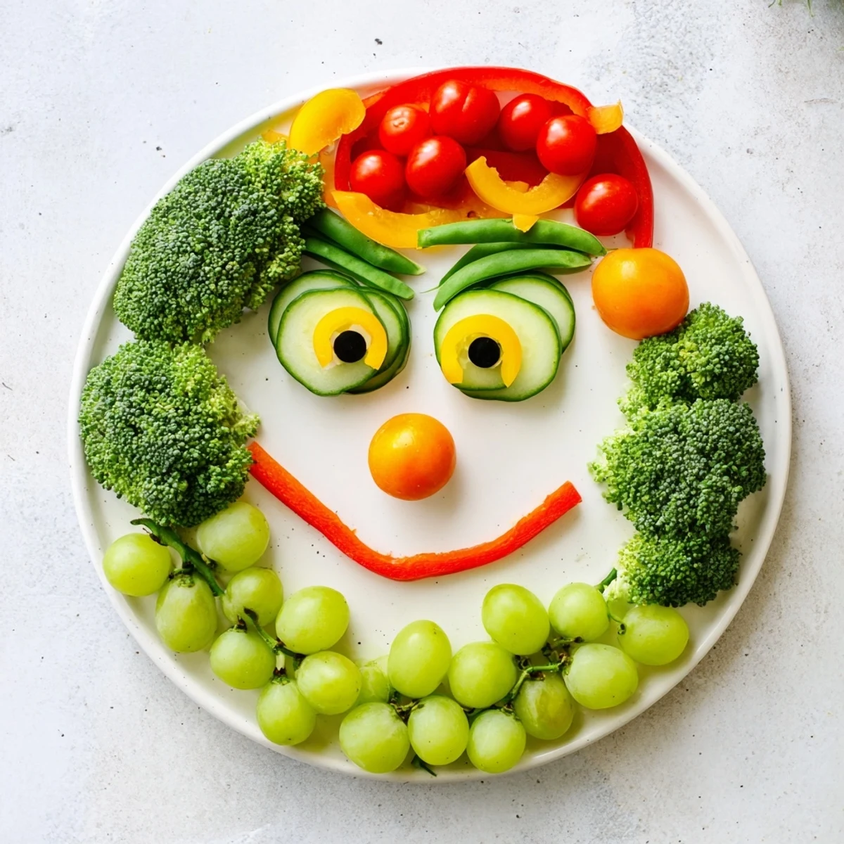 Vibrant Savory Crudités: Grinch Face Veggie Platter with colorful vegetables, perfect for holiday snacks.