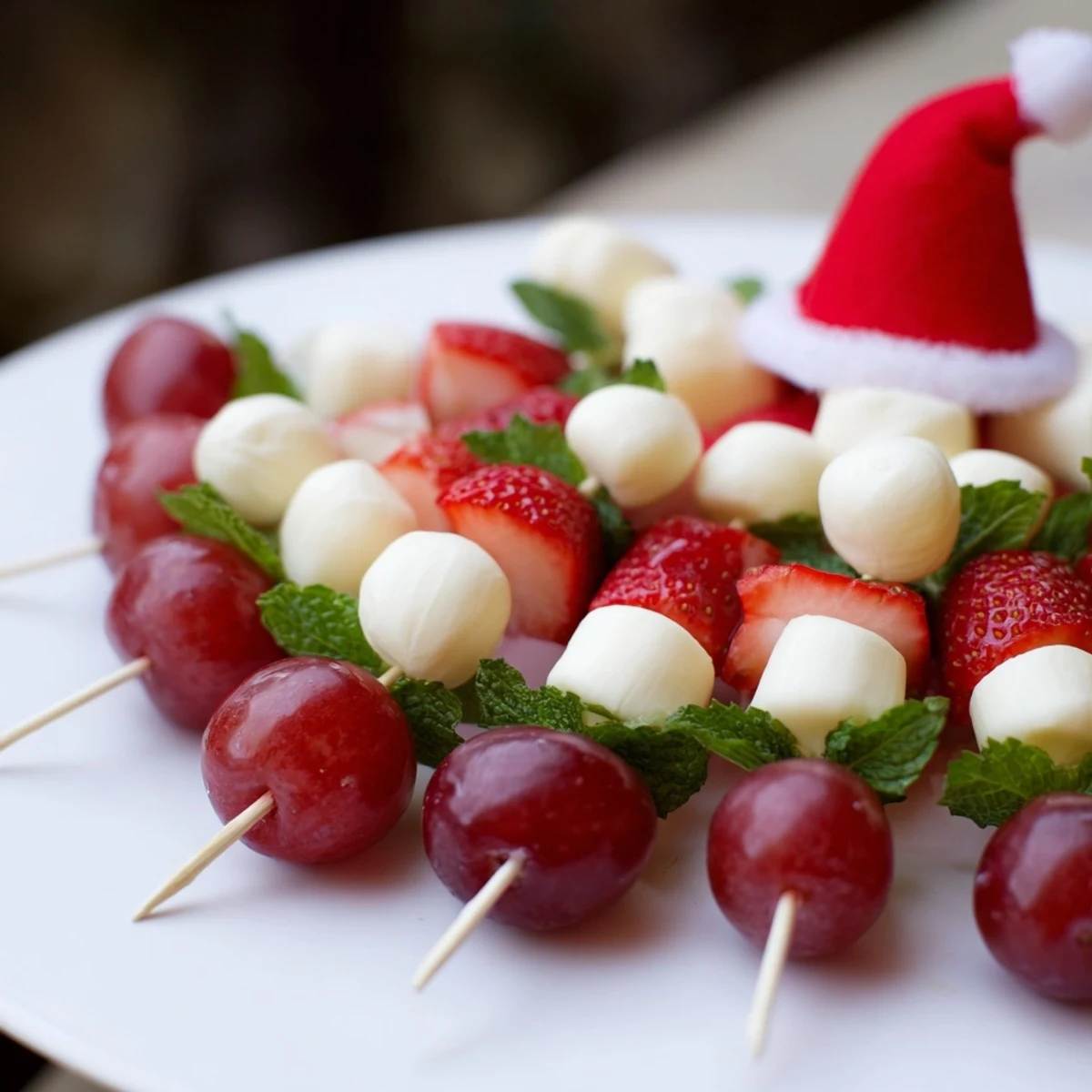 Vibrant Santa Hat Fruit and Cheese Platter: a festive spread of red strawberries, cheese hats, and green grapes.