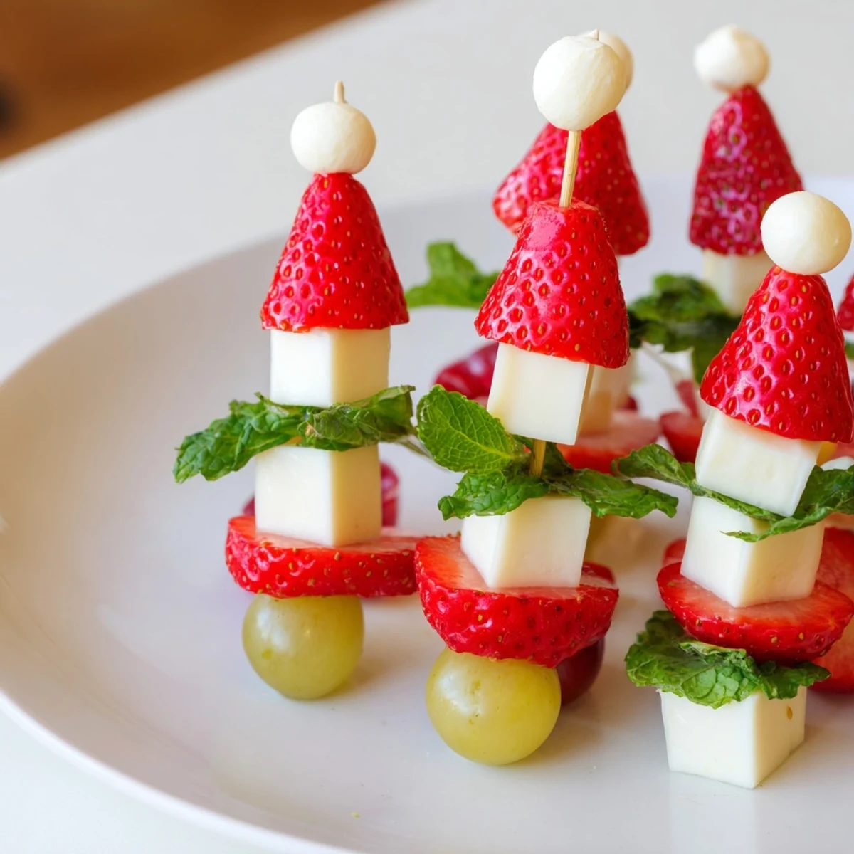 Freshly arranged Santa Hat Fruit and Cheese Platter, showcasing colorful strawberries, cheese cubes, and adorable grape accents.