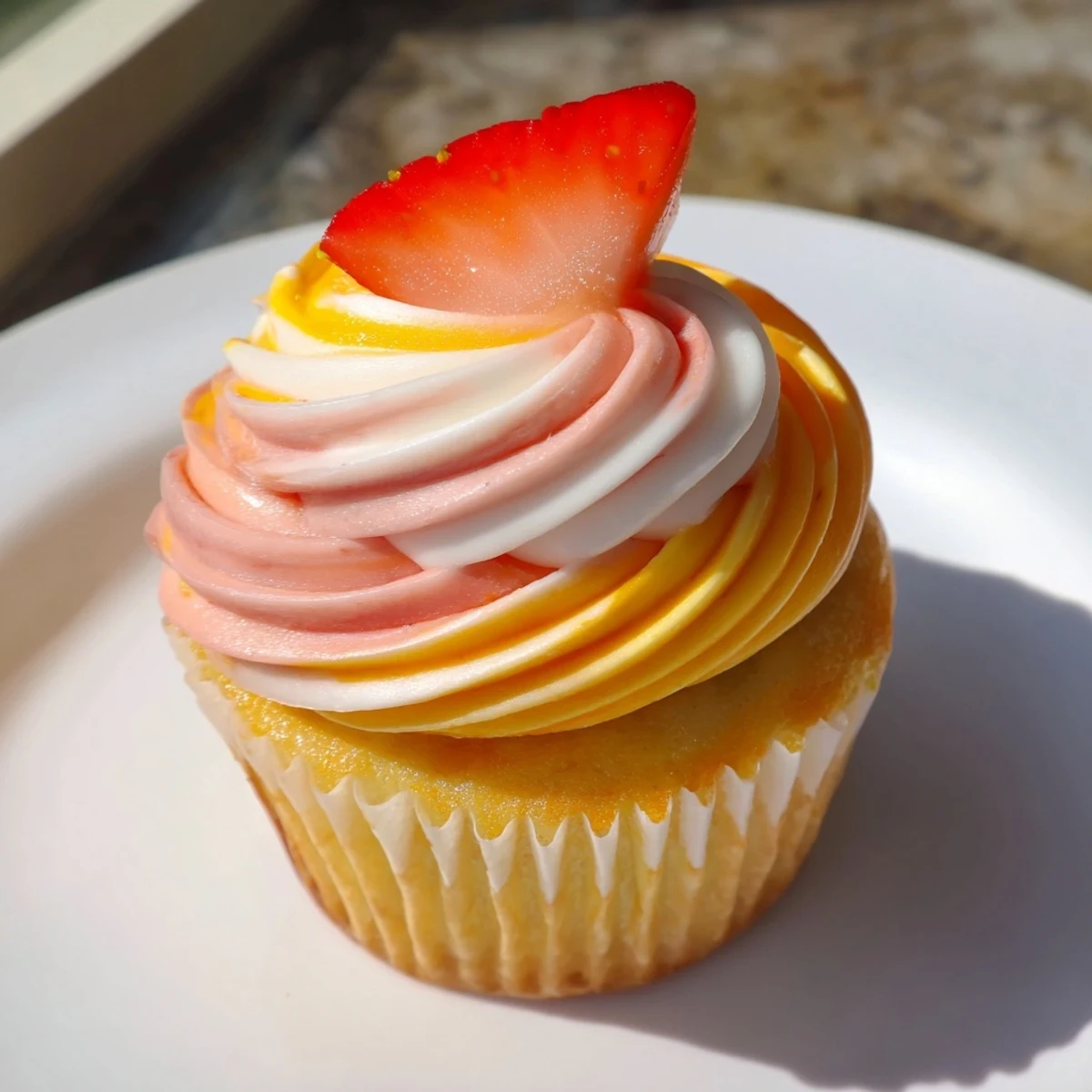 These sweet Mango Strawberry Sunset Cupcakes offer a burst of tropical flavors and visual appeal.