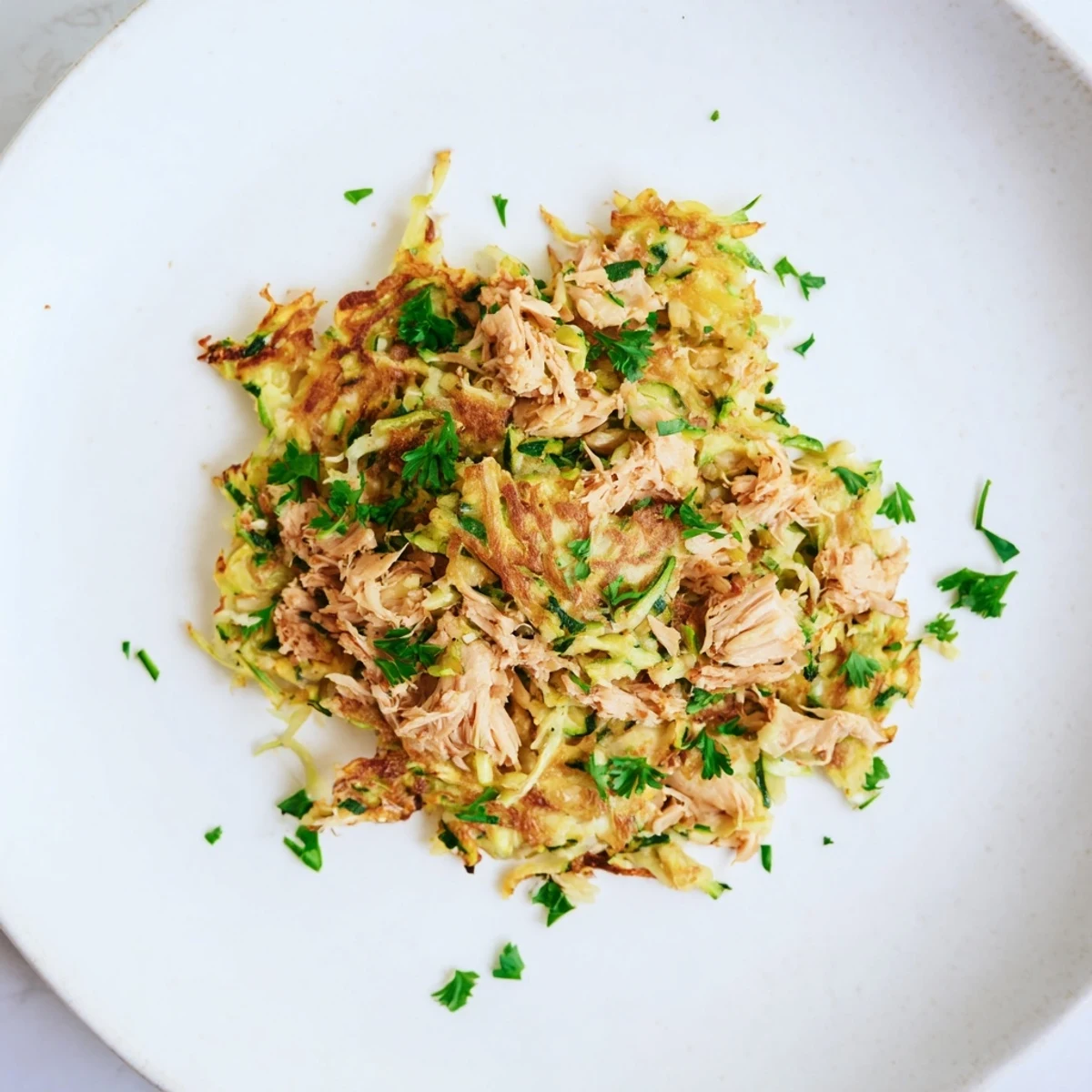 Golden-brown High-Protein Chicken Zucchini Fritters, crispy on the outside, a flavorful and hearty appetizer.