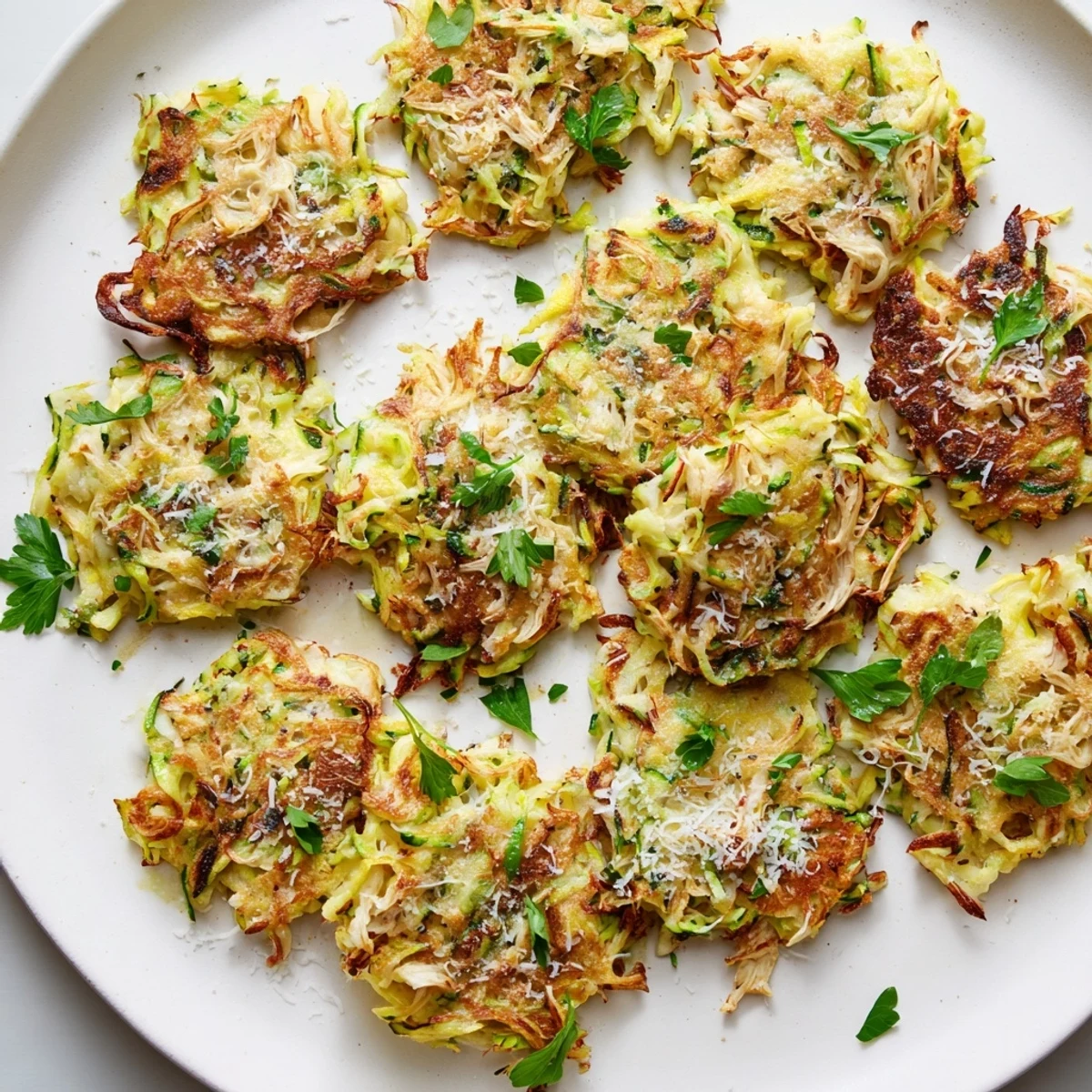 These delicious, homemade High-Protein Chicken Zucchini Fritters showcase the vibrant green zucchini and shredded chicken.