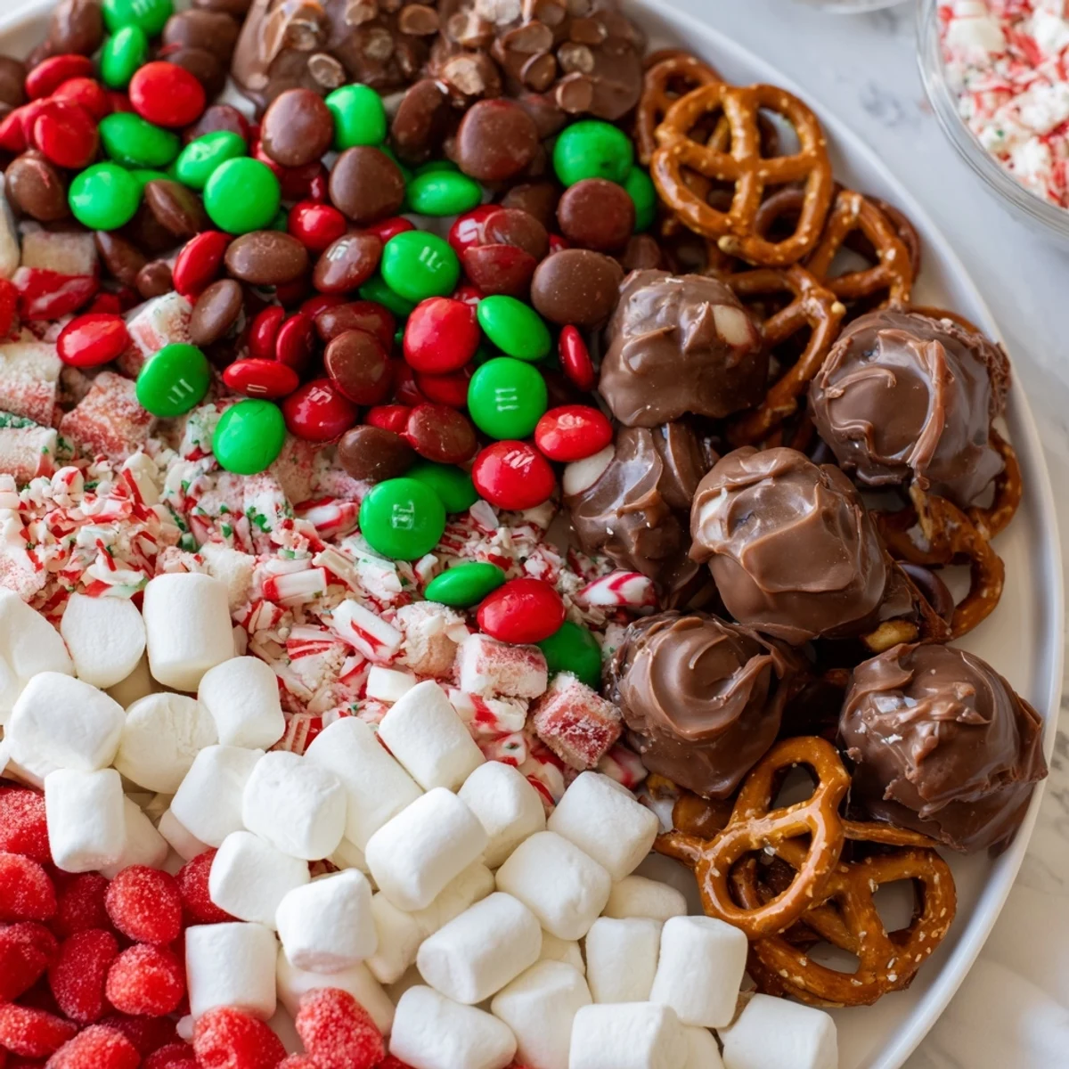 Festive Santa's Sack Candy Avalanche showcases an overflowing board arrangement, a sweet holiday dessert, visually appealing to guests.