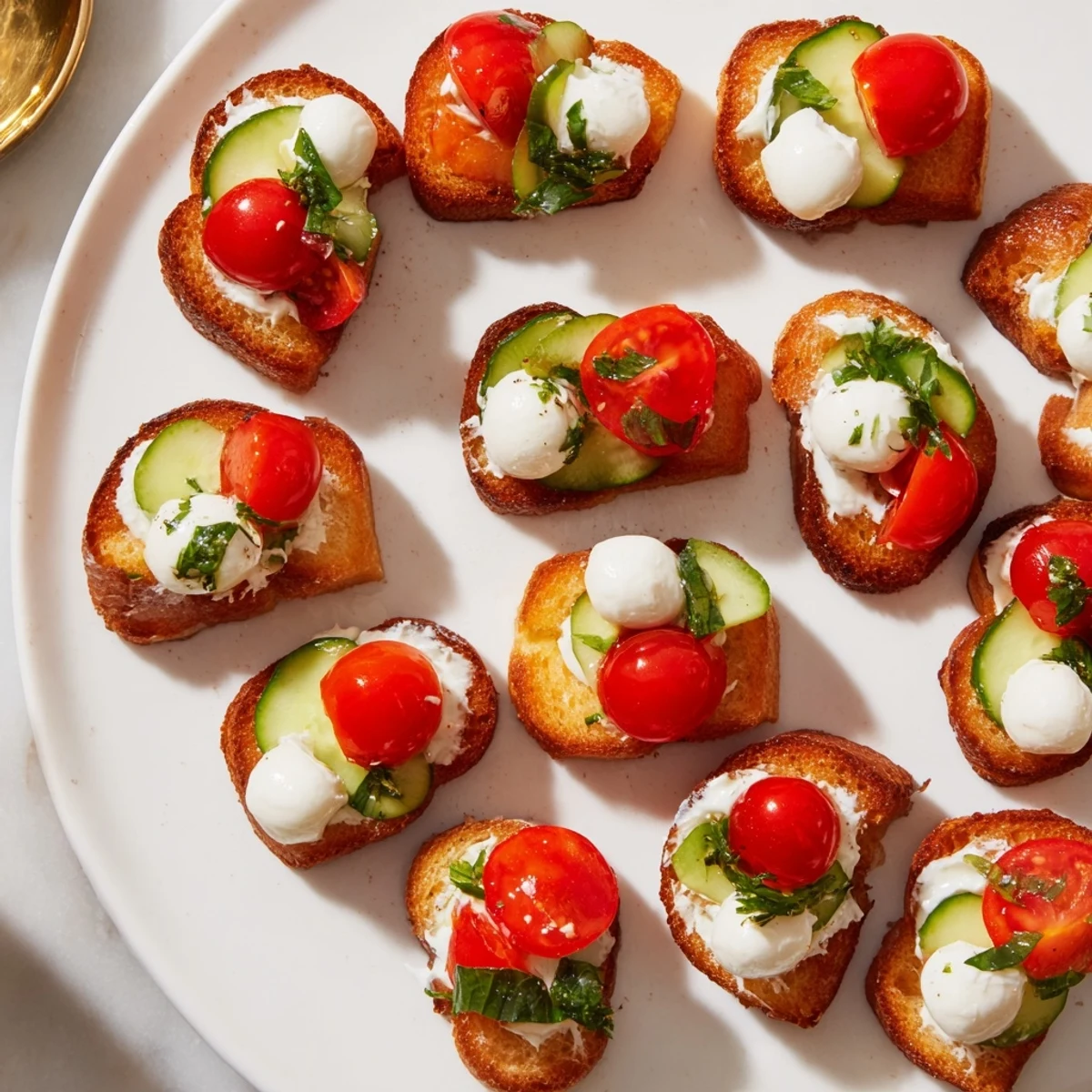 Delightful close-up of festive elf shoe toast bites, savory cream cheese and cucumber toppings are visible.
