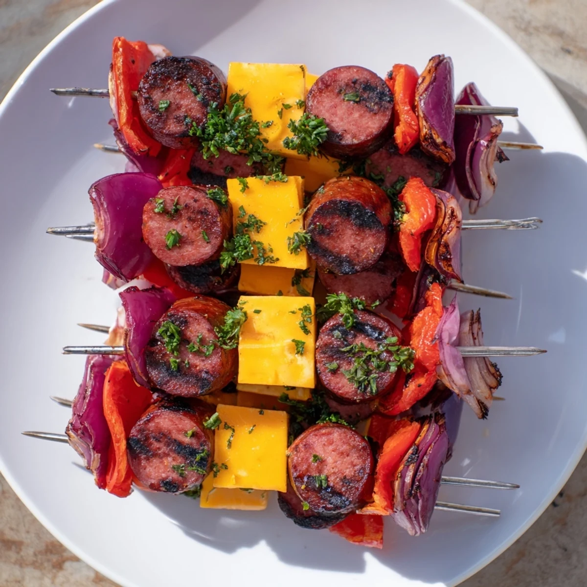 Savory Skewers: Chimney Stack Sausage and Cheese glistening with a smoky glaze on the grill.