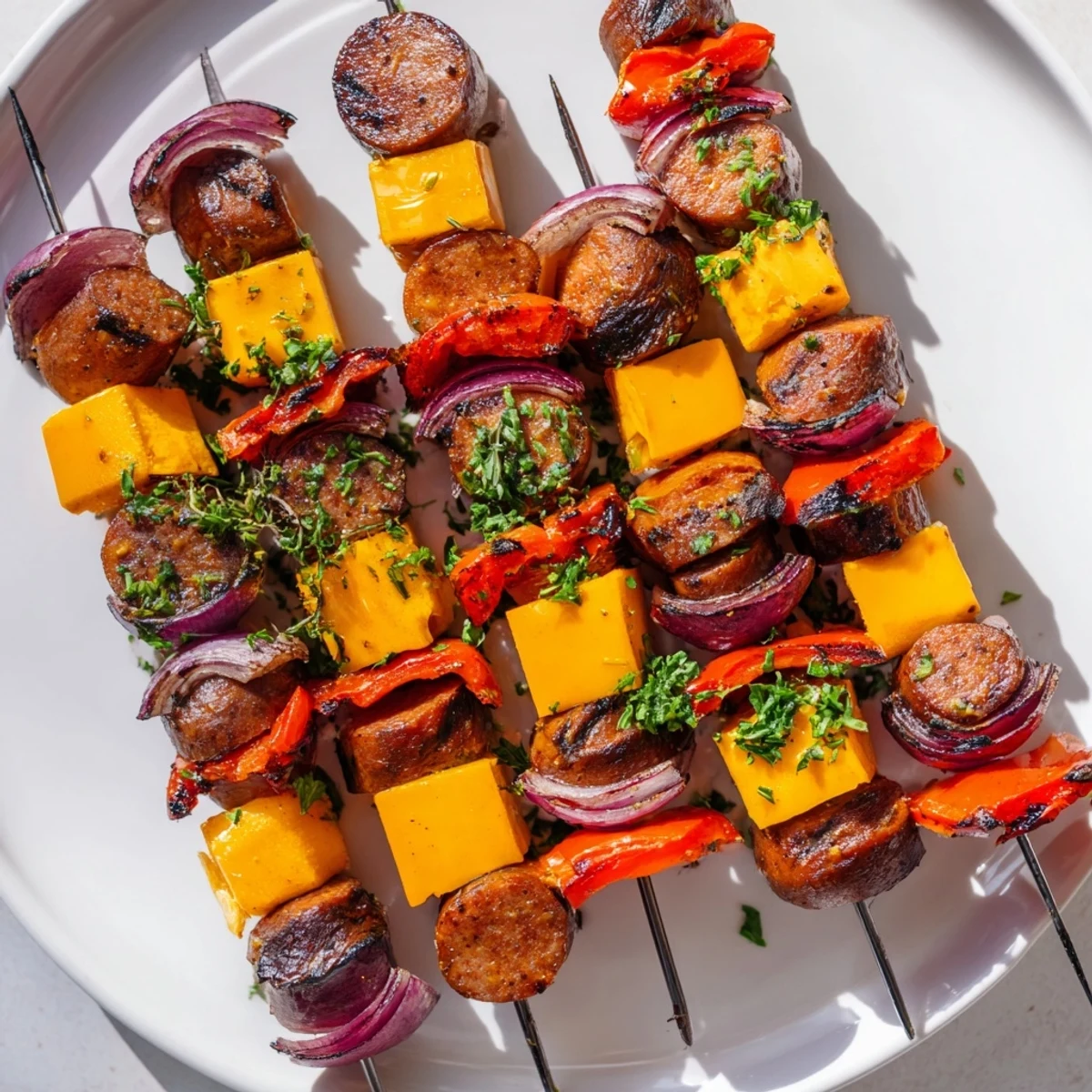 Grilled Savory Skewers: Chimney Stack Sausage and Cheese, with melting cheese and colorful peppers.